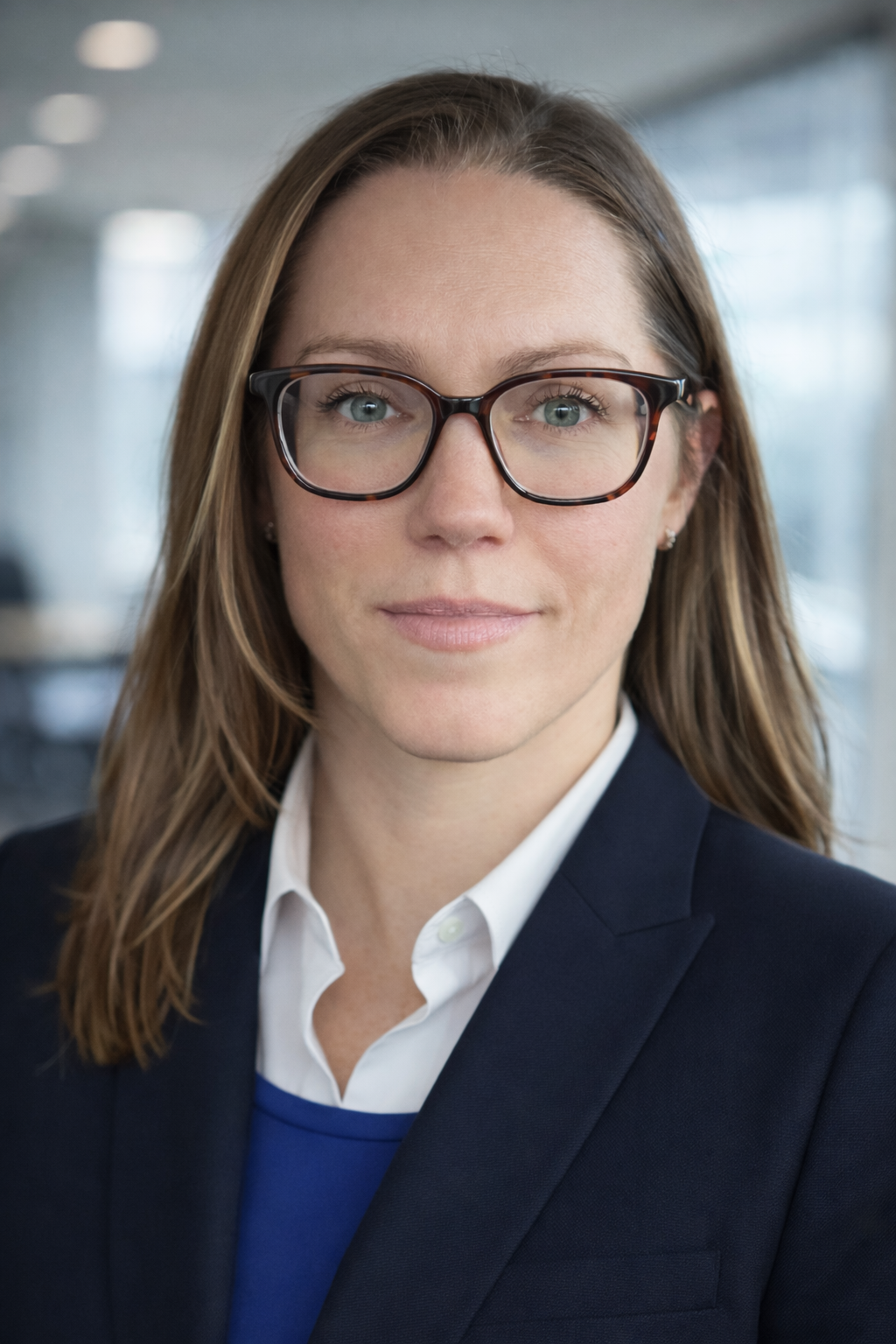 A woman with brown hair, wearing glasses, a white shirt, and a navy blazer, looking at the camera in an office setting.