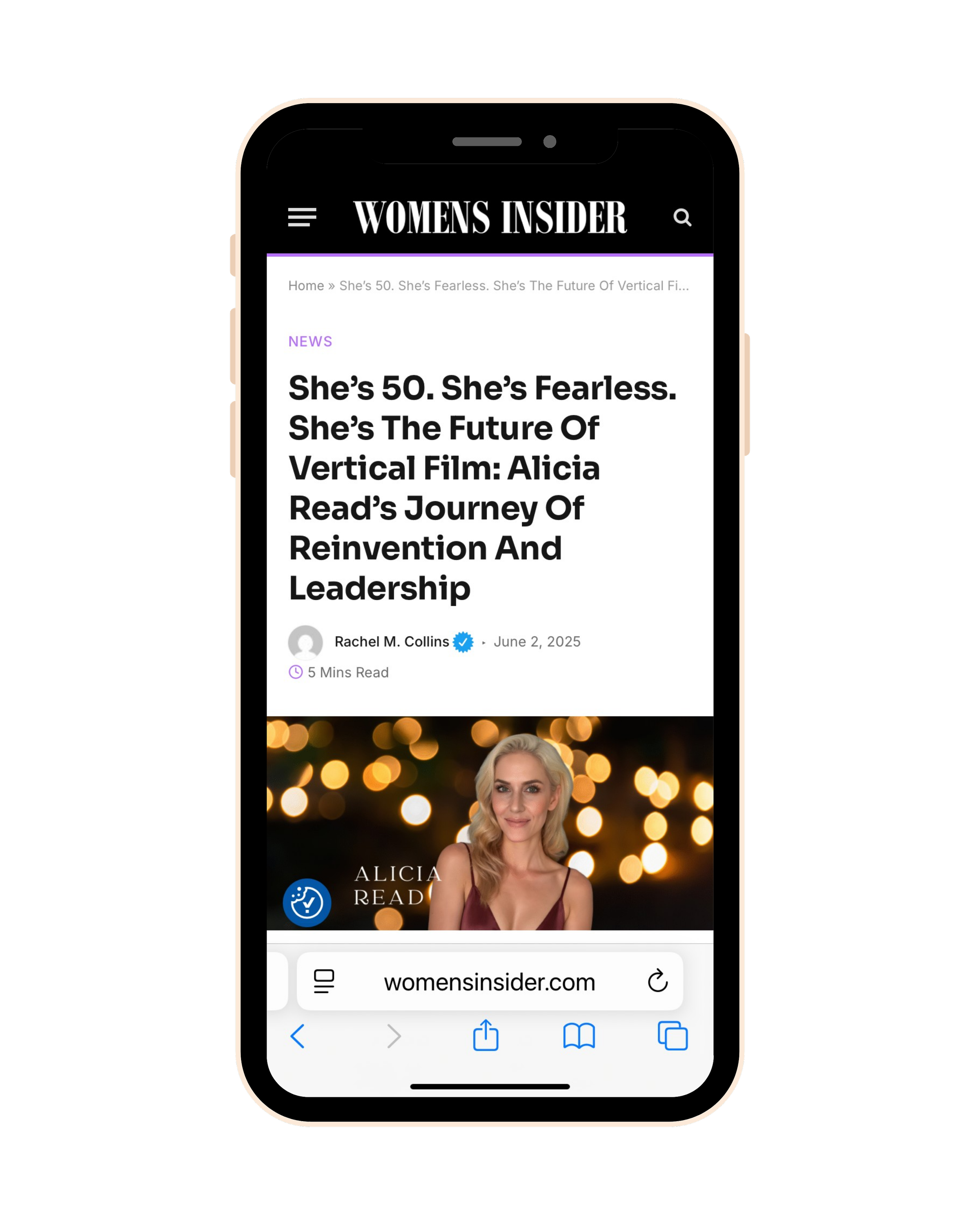 A mobile phone screen displaying a Women’s Insider article about Alicia Reed, with a headline, author information, and an image of a woman with blonde hair in front of a background of blurred yellow lights.