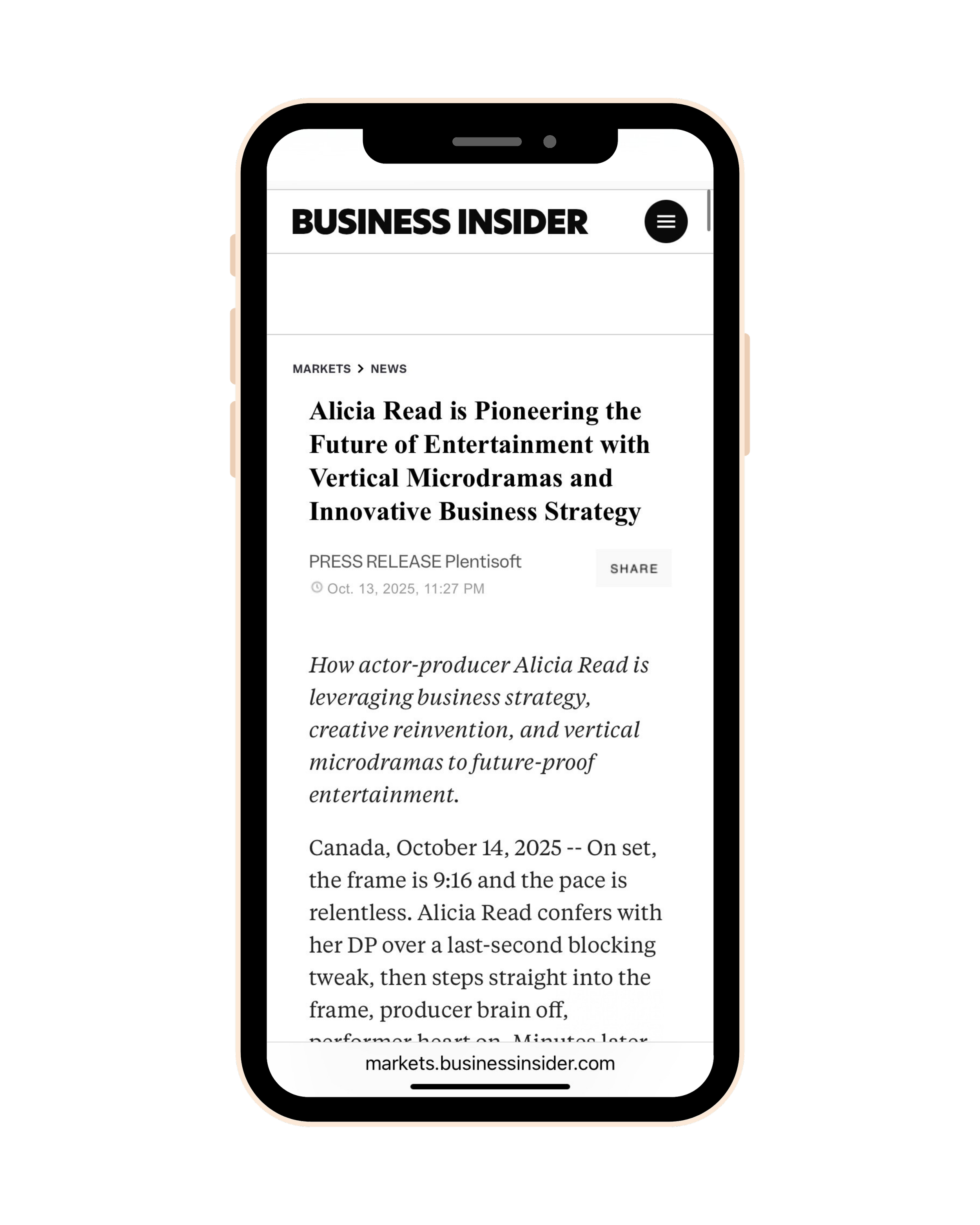 A smartphone displaying a news article from Business Insider with headlines and text about Alicia Read and entertainment microdramas, against a black and blue background.