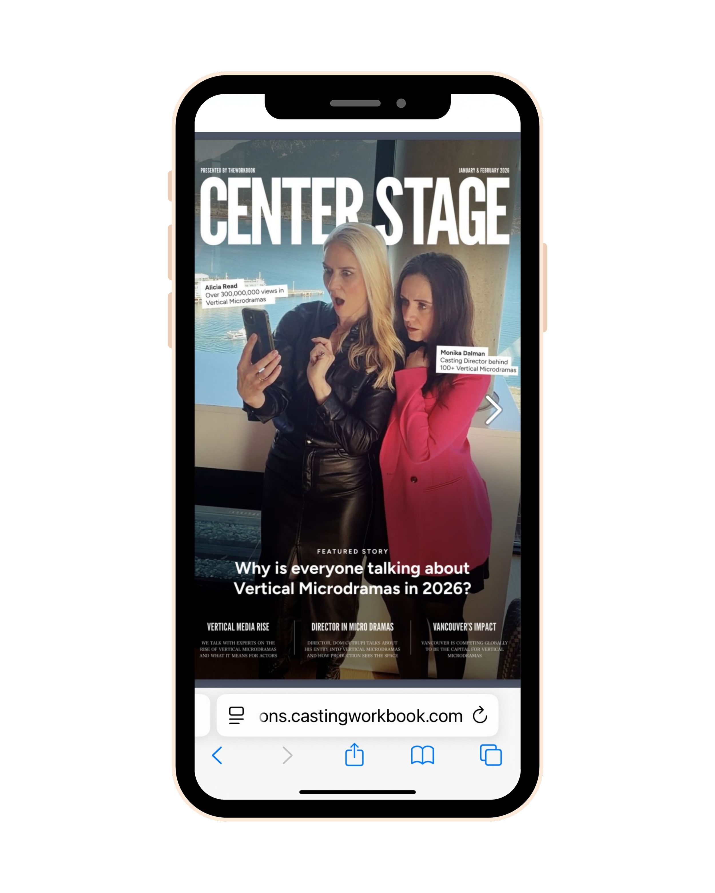 The image shows a mobile phone displaying a webpage from the website 'ons.castingworkbook.com'. The webpage features an article titled 'Why is everyone talking about Vertical Microdramas in 2026?' with images of two women, Alicia Read and Monika Dalm