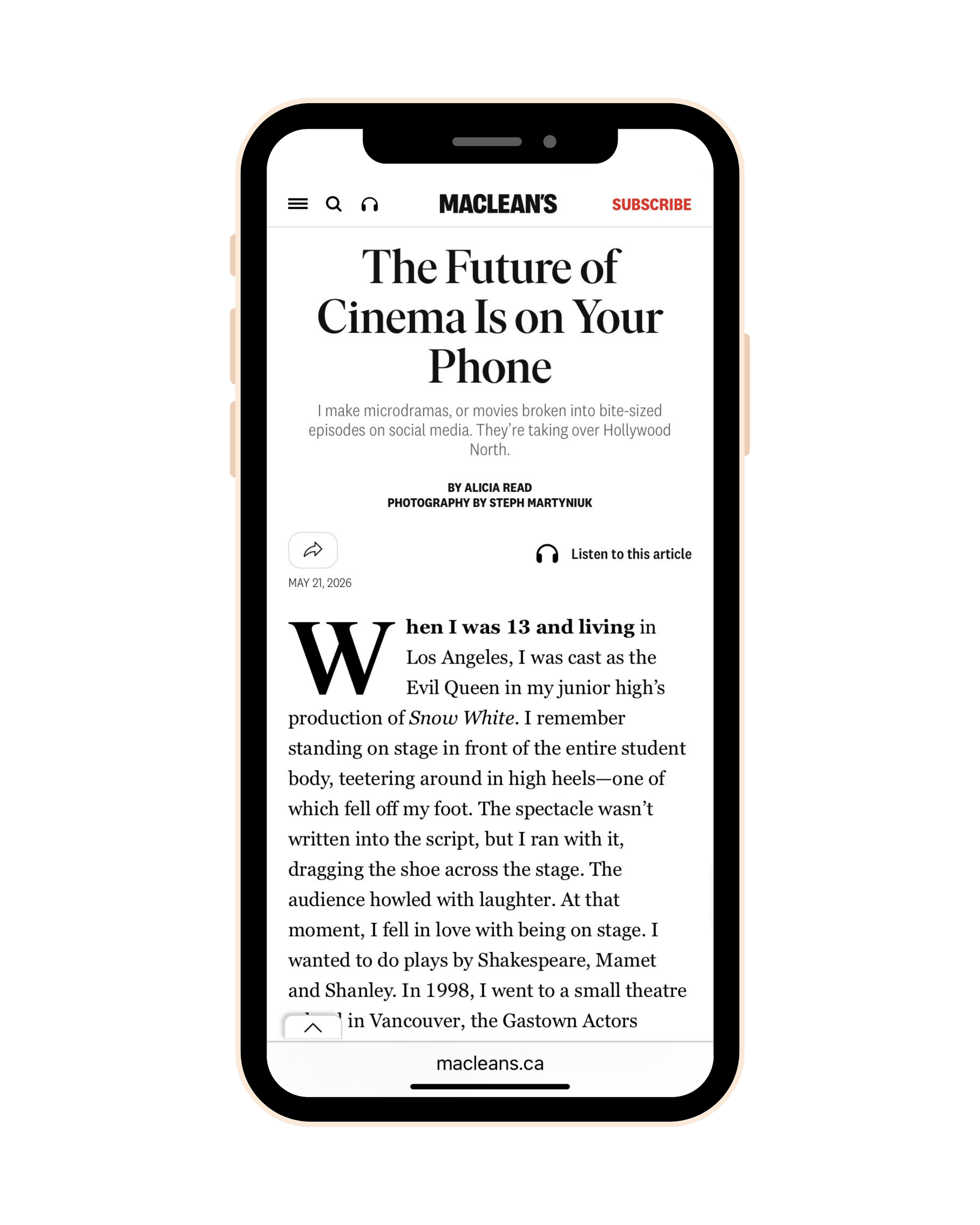 A smartphone displaying a news article webpage from Maclean's, featuring a headline about cinema's future on phones, and an article by Alicia Read with photography by Steph Martyniuk.