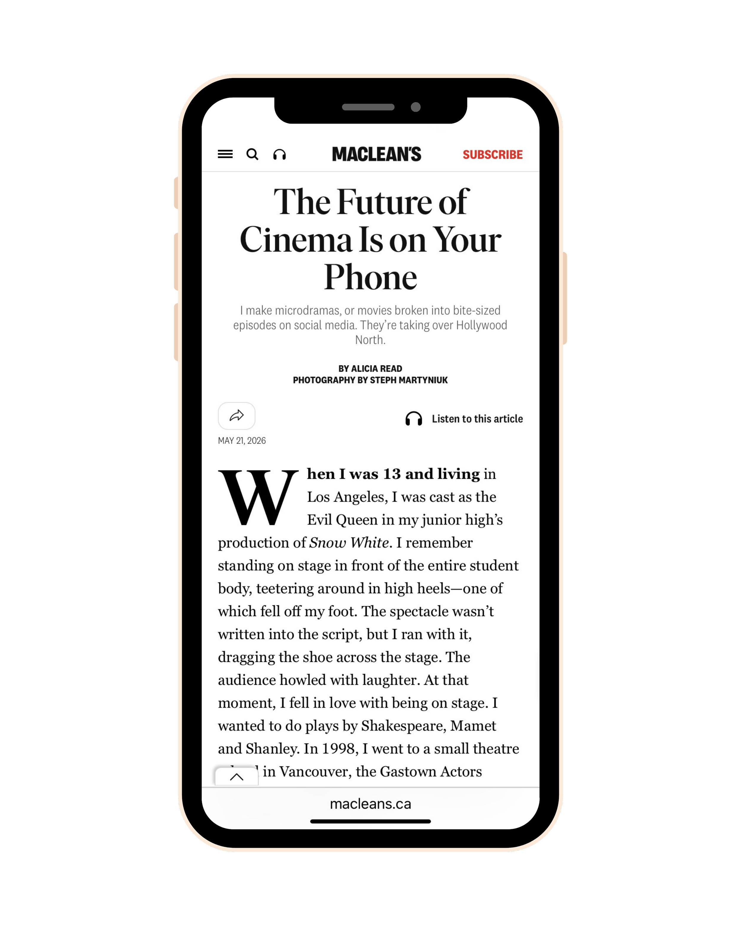 A smartphone displaying an article on Maclean's website, with the headline "The Future of Cinema Is on Your Phone."