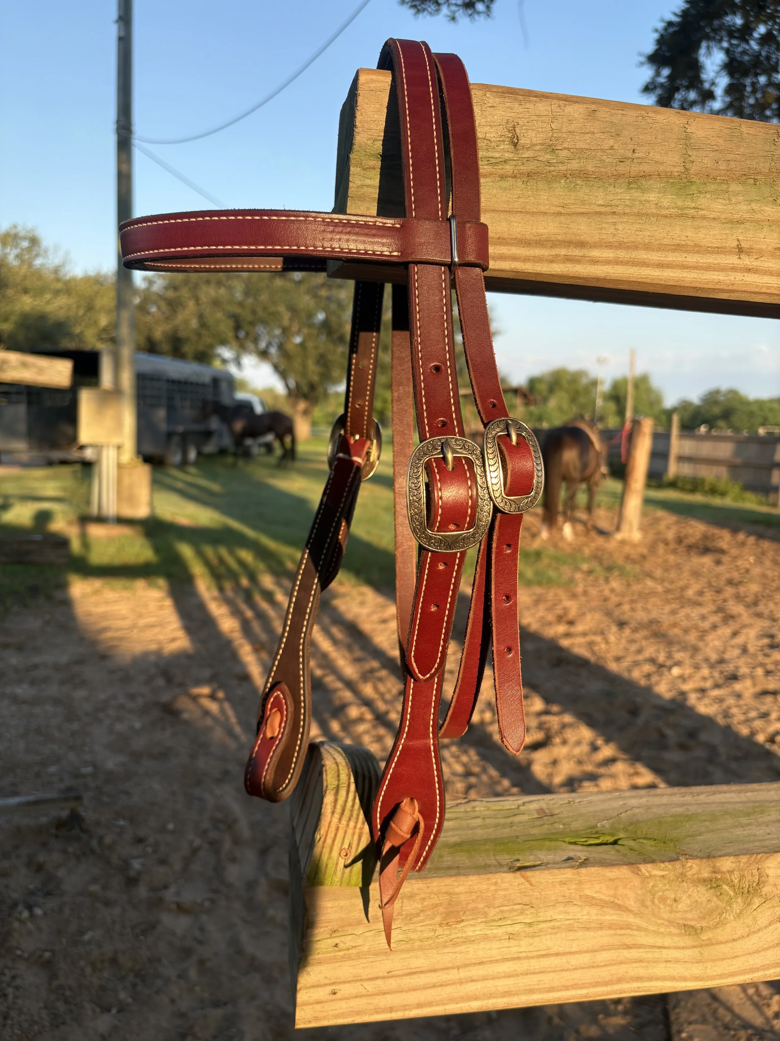 A close-up of several leather horse bridles hanging on a wooden fence in an outdoor rural setting during late afternoon.
