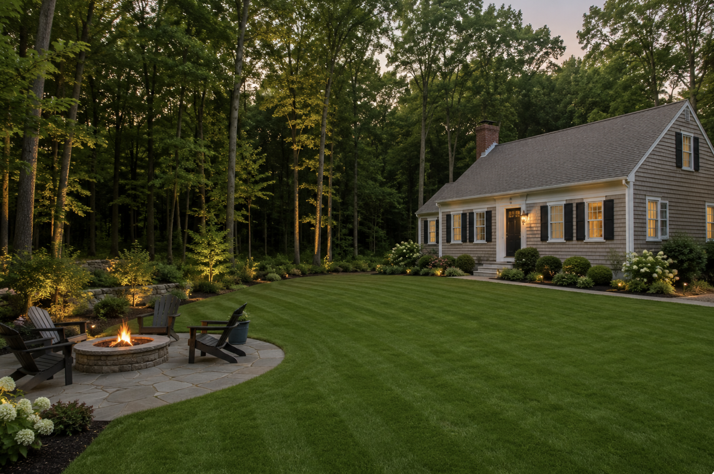 A backyard with a green lawn, outdoor fire pit with chairs, a house with black shutters, trees in the background, and garden lights illuminating the yard at dusk.