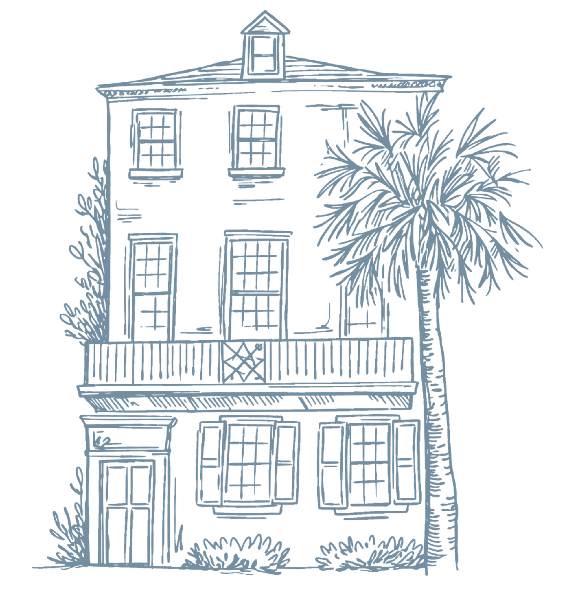 A line drawing of a house with three stories, windows, a front porch, a gabled roof with a small window, and some plants or trees in front of the house.