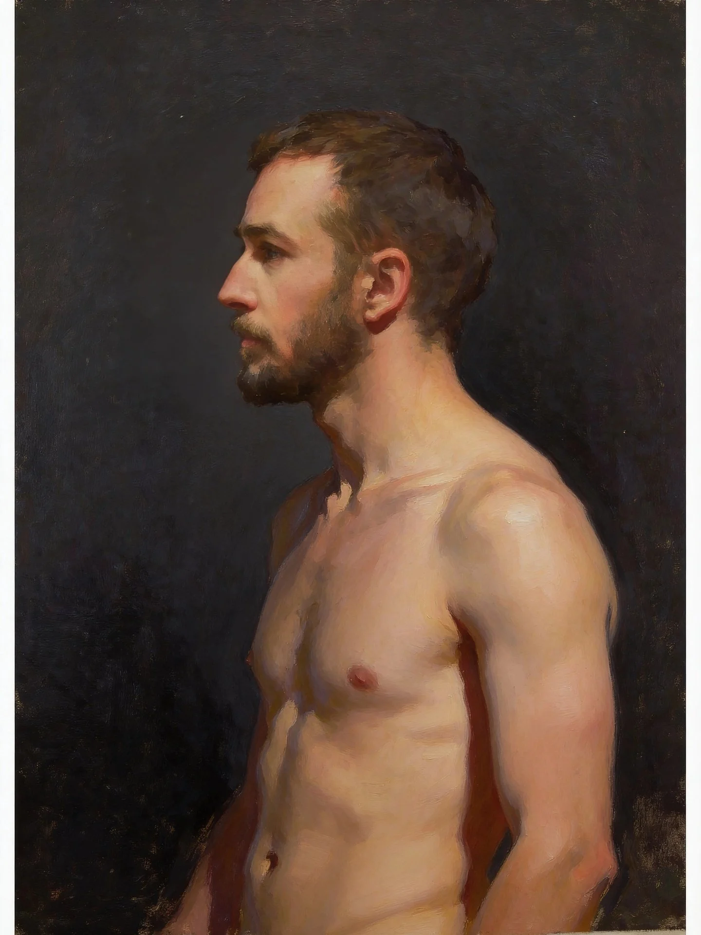 A realistic painting of a topless man in profile view against a dark background, with detailed features including short hair, beard, and defined musculature.