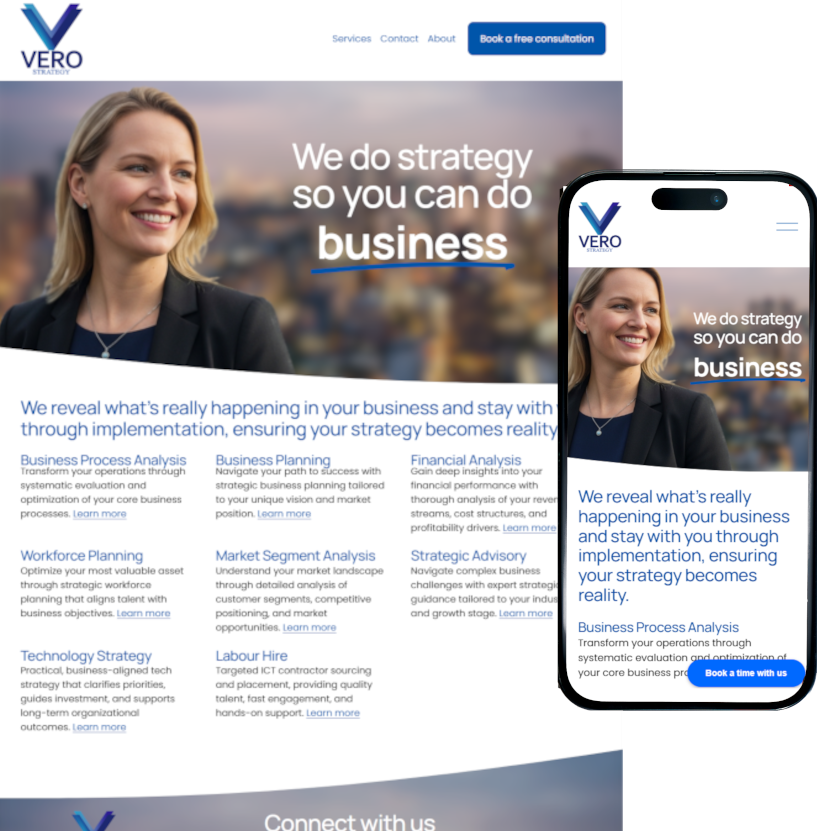 Official website of Vero Strategy featuring a smiling woman in business attire with a blurred cityscape background. The site promotes business strategy services with a call-to-action button for a free consultation.