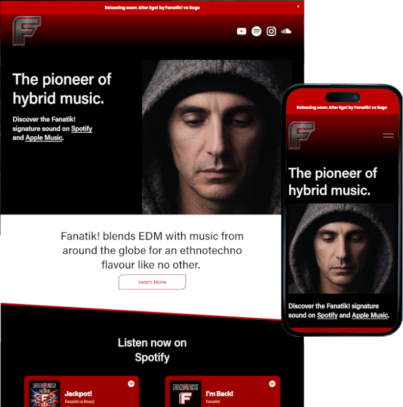 A promotional webpage for Fanatik, describing him as a pioneer of hybrid music blending EDM with global ethnotechno sounds. The page features a large photo of a man wearing a hooded sweatshirt, looking down. The site highlights his signature sound available on Spotify and Apple Music, with a red and black color scheme and social media icons at the top.