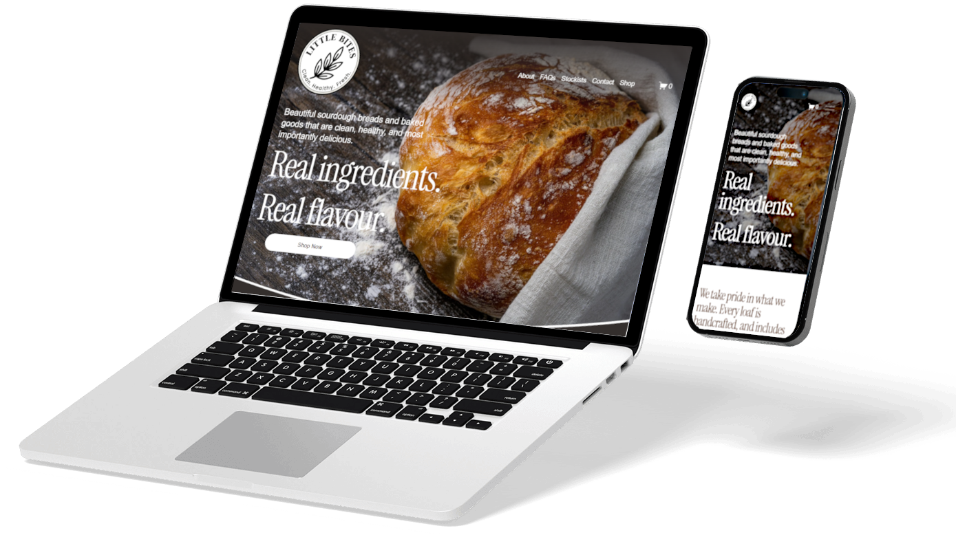 A laptop and a smartphone display a website for Little Bites bakery. The website features a loaf of sourdough bread with flour dusting, with the text "Real ingredients. Real flavour."