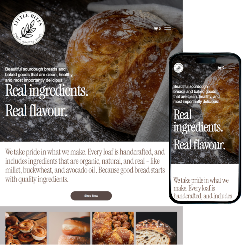 Two images, one showing a desktop and another a mobile view of a bakery website