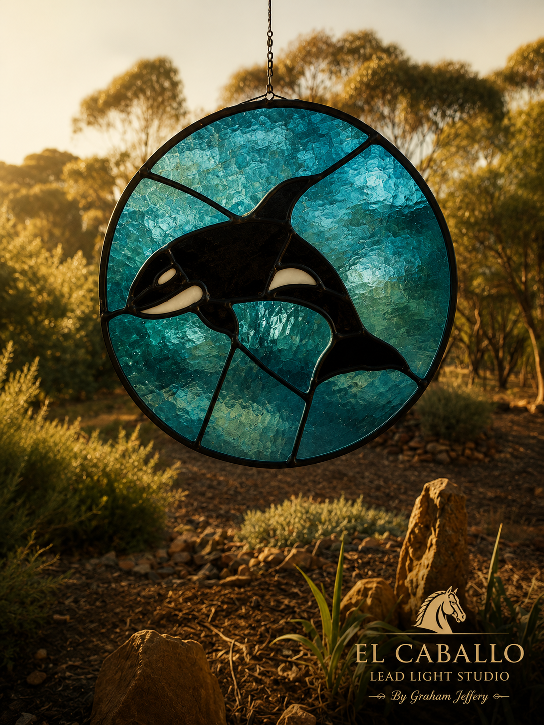 Stained glass artwork of a dolphin, hanging outdoors during sunset with trees and rocks in the background.