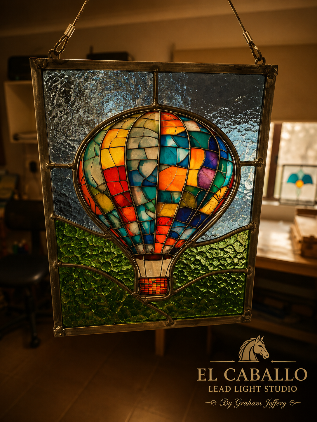 Colorful stained glass lantern shaped like a hot air balloon, hanging inside a studio.