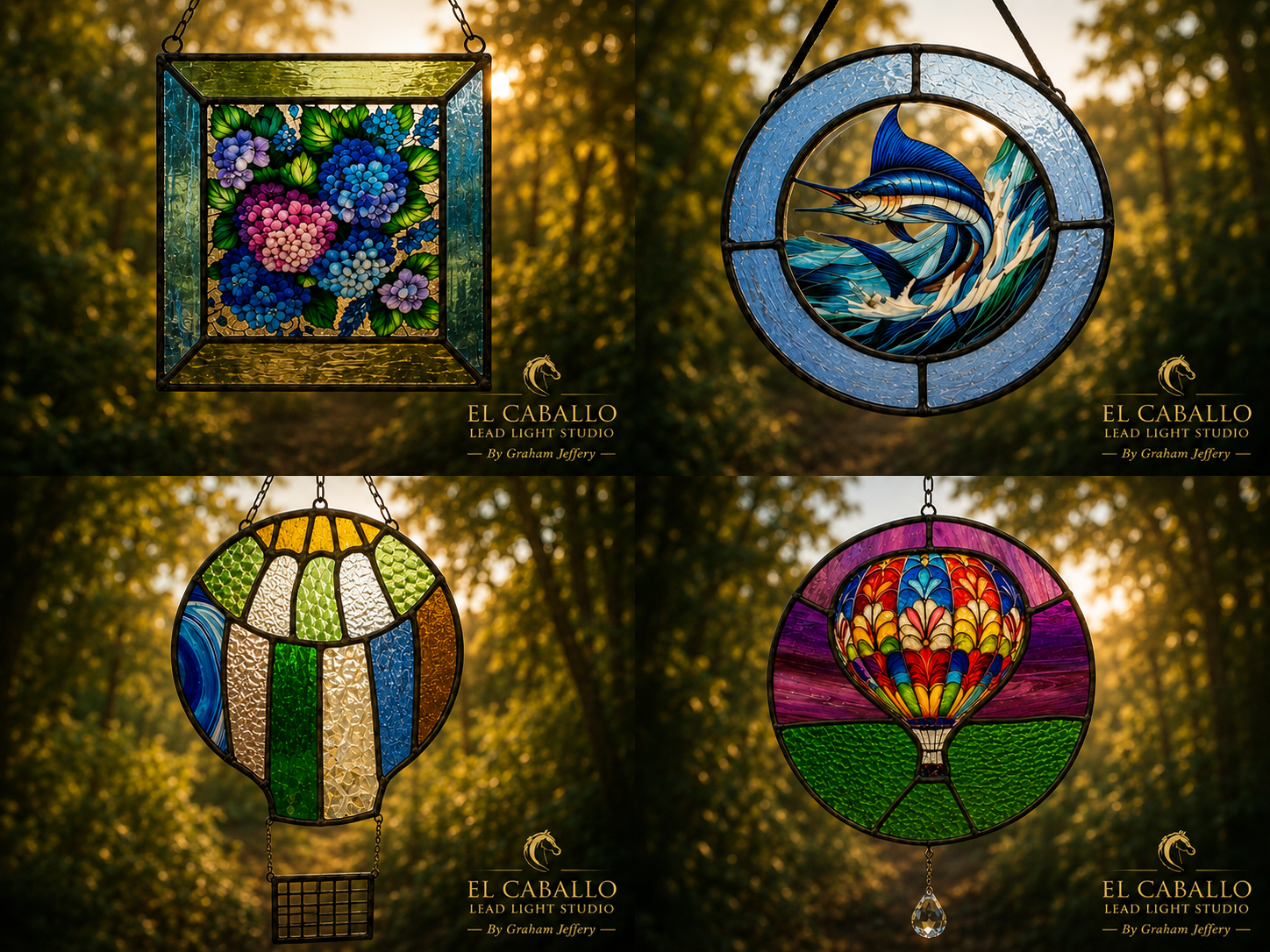 Collection of four stained glass light fixture designs featuring floral, ocean, hot air balloon, and abstract patterns, hanging outdoors with trees in the background.