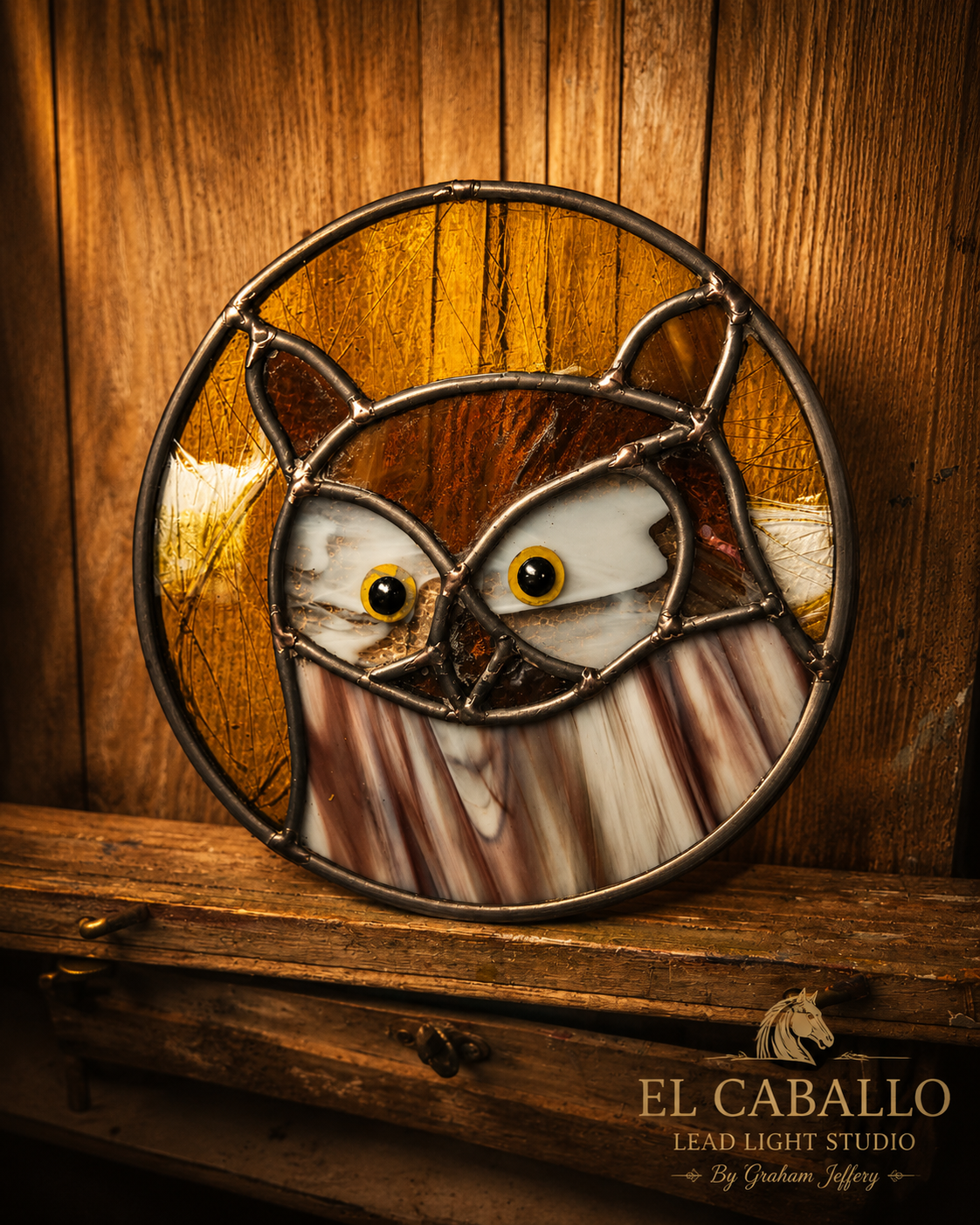 Stained glass art of an owl with large golden eyes, with a wooden background.