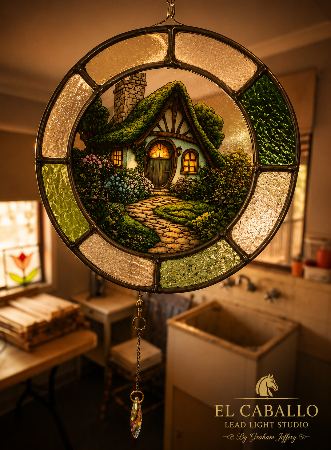 Round stained glass lamp featuring a painting of a cottage with a thatched roof, chimney, and garden, hanging inside a room.