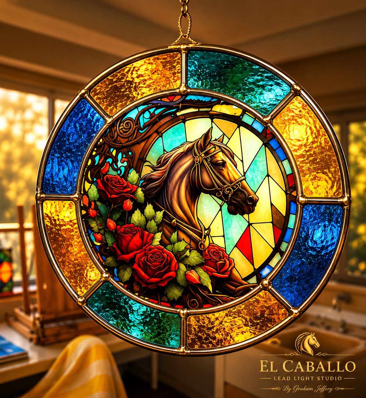 Colorful stained glass window depicting a horse's head surrounded by red roses with green leaves, set against a warm, sunlit background.