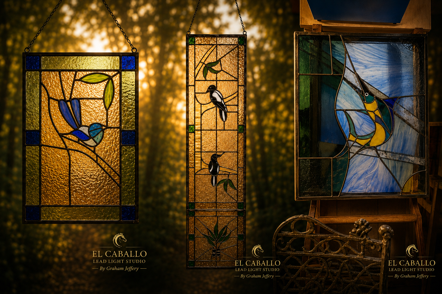 Three stained glass window panels featuring bird and nature designs, displayed outdoors during sunset.