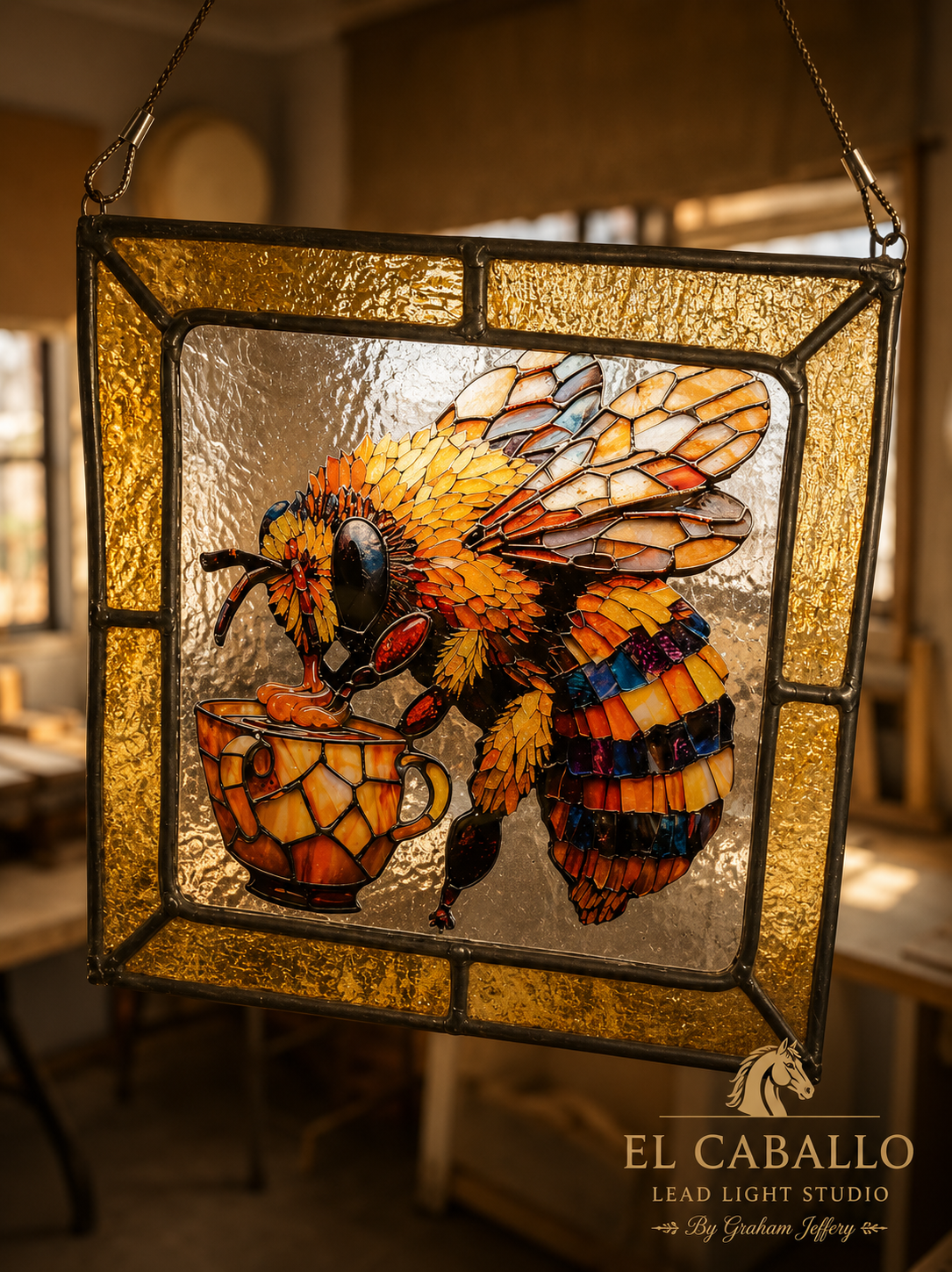 A stained glass art piece depicting a bee drinking from a cup, created with colorful glass pieces, hanging in a workshop or studio.