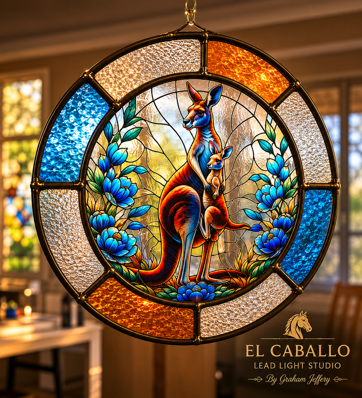 Stained glass window with a kangaroo and joey surrounded by blue flowers