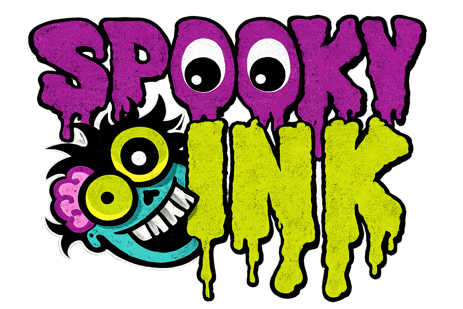 Colorful graphic with the words 'Spooky Look' in large, dripping purple and yellow letters, and a cartoonish face with multiple eyes and a wide, toothy grin.