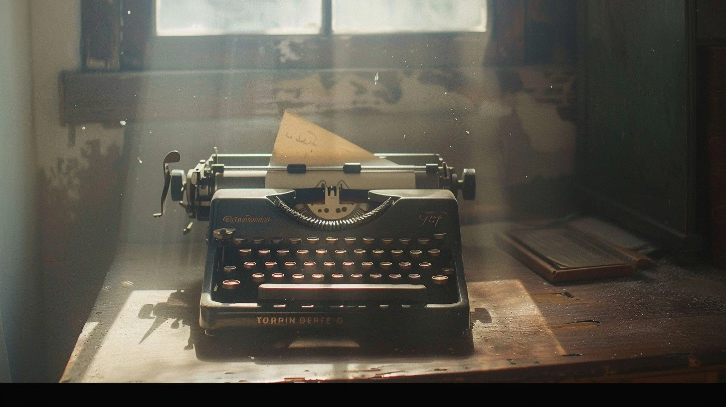 An old typewriter sitting on a wooden desk with sunlight shining through a window behind it.