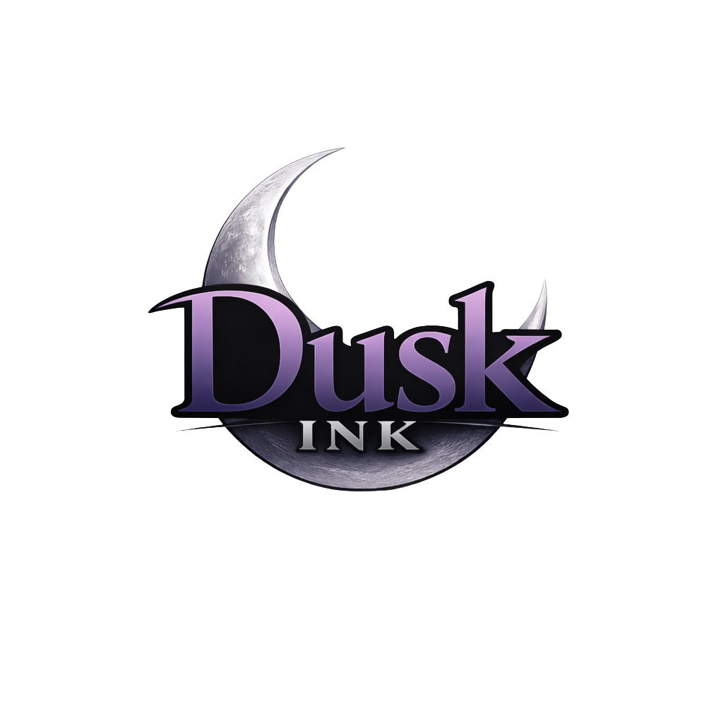 Logo for Dusk Ink featuring a silver crescent moon and purple text