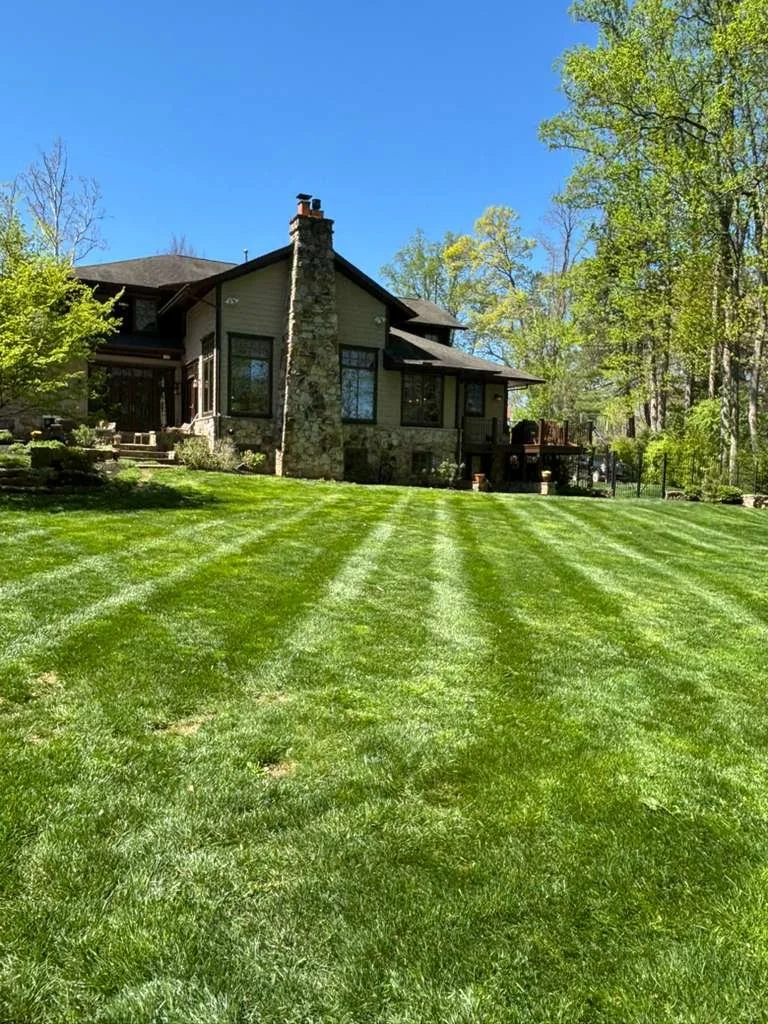 A large house with a chimney and multiple windows, surrounded by green trees and a neatly mowed lawn on a sunny day.
