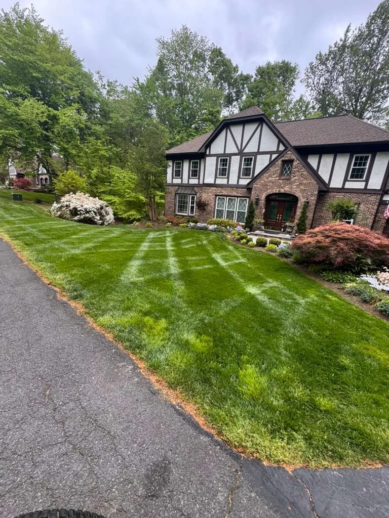 Well-maintained front yard with freshly mowed grass and flower bushes, in front of a large house with a Tudor-style facade, brick and white siding, surrounded by tall trees.