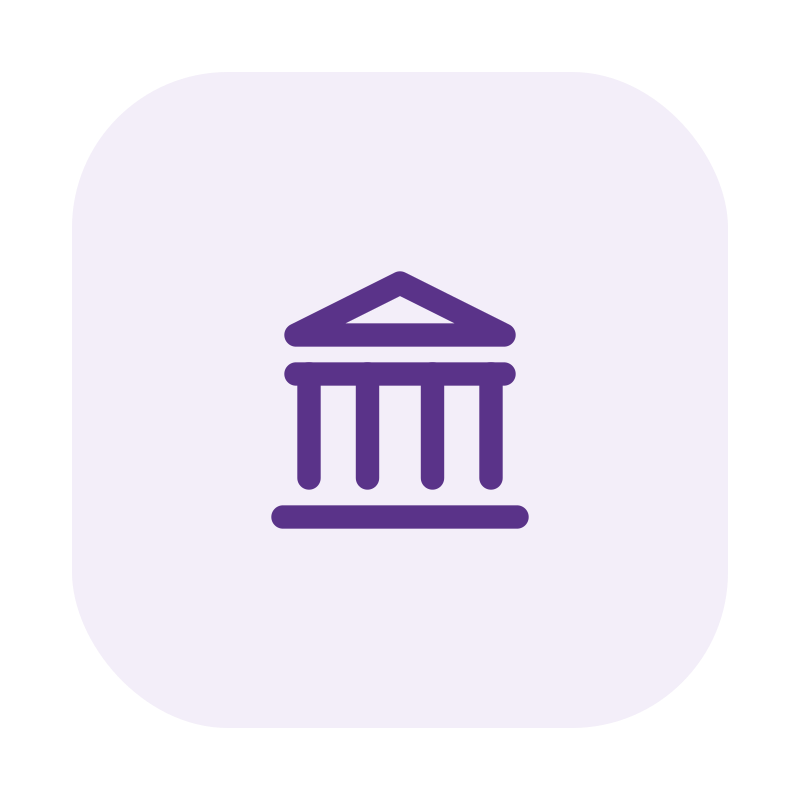 Icon of a classical building with columns, representing a museum or government building, in purple on a light background.