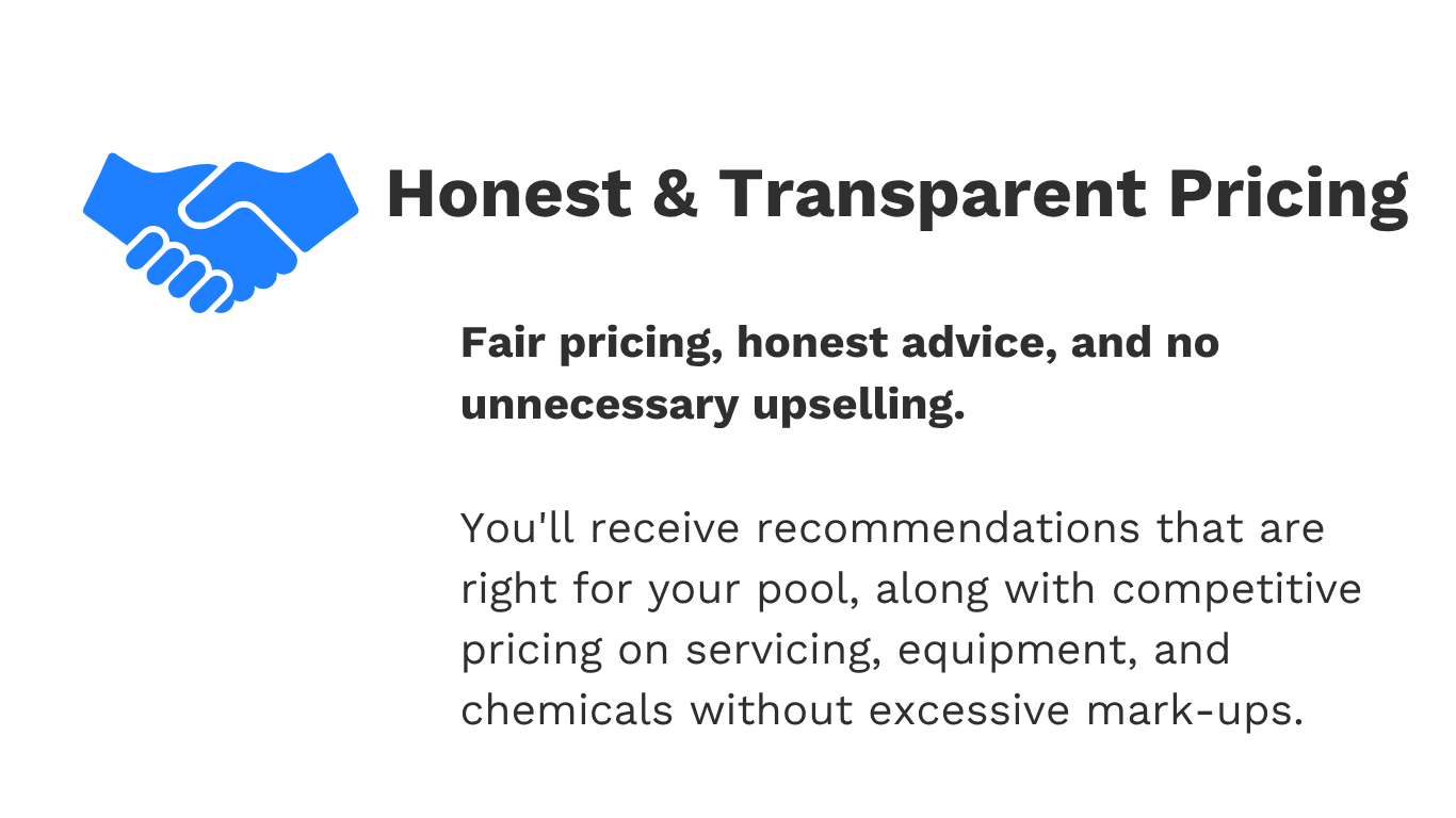 Graphic with a blue handshake icon and the text 'Honest & Transparent Pricing', emphasizing fair pricing, honest advice, and no unnecessary upselling.