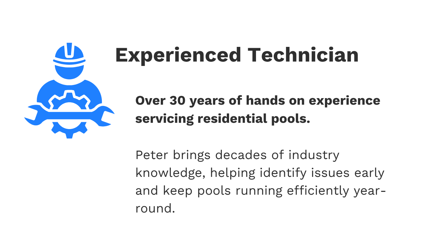 Graphic with icon of a worker in safety gear and gear symbol, text highlights over 30 years of experience as a residential pool service technician, emphasizing industry knowledge and issue identification.
