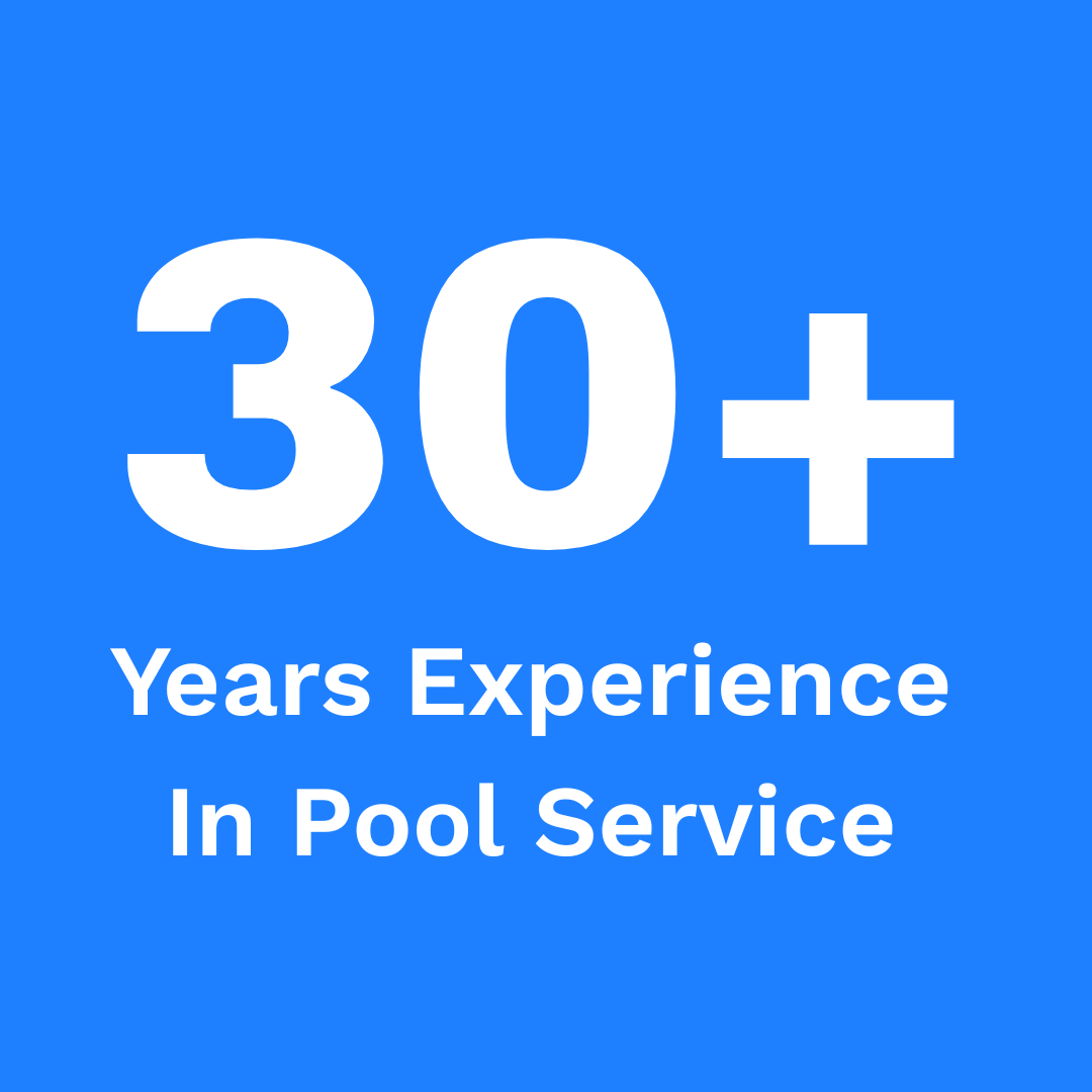 Blue background with white text stating '30+ Years Experience In Pool Service'.