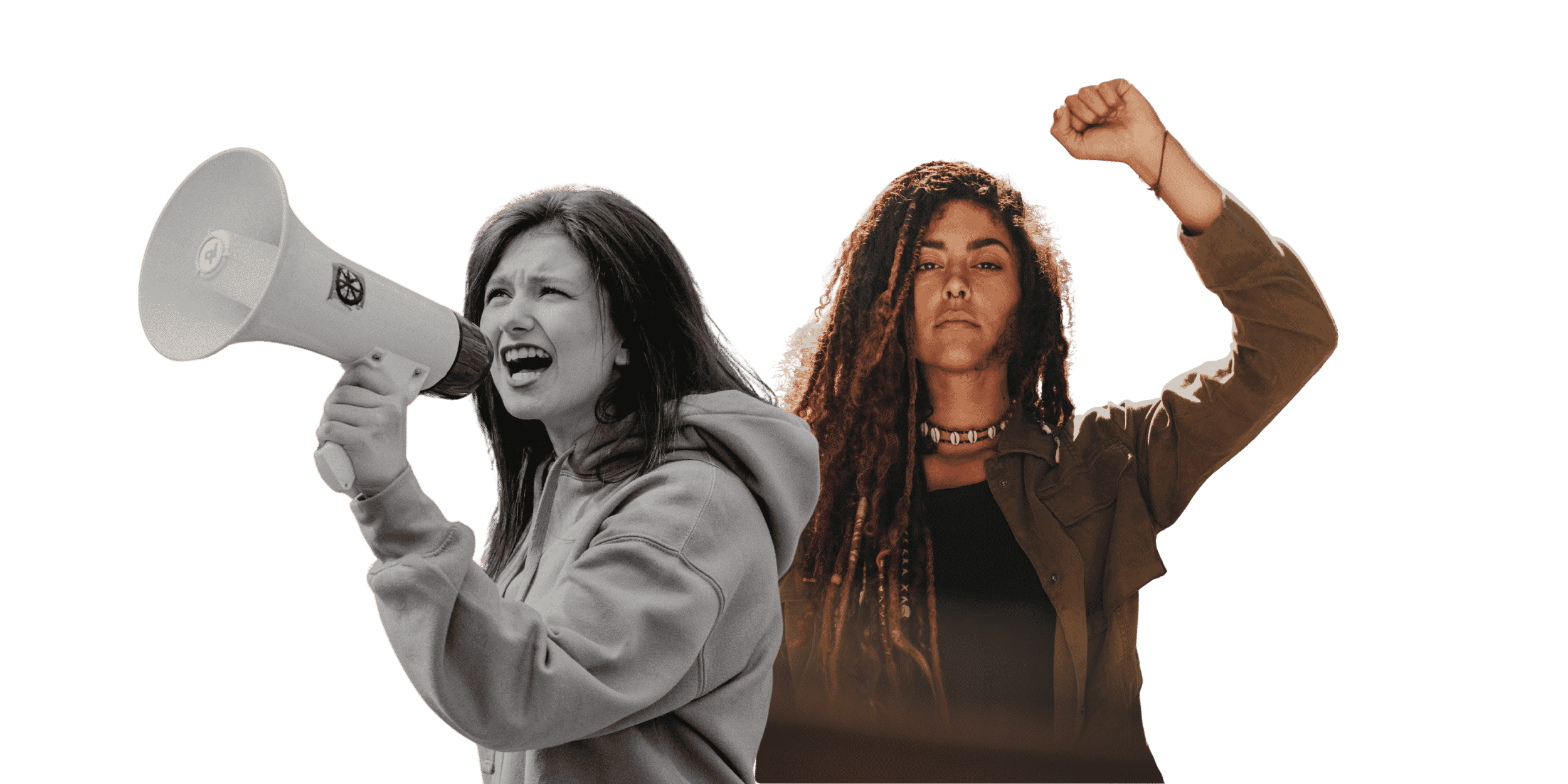 A stock photo of two women. One with a blow horn, and one holding up a fist.