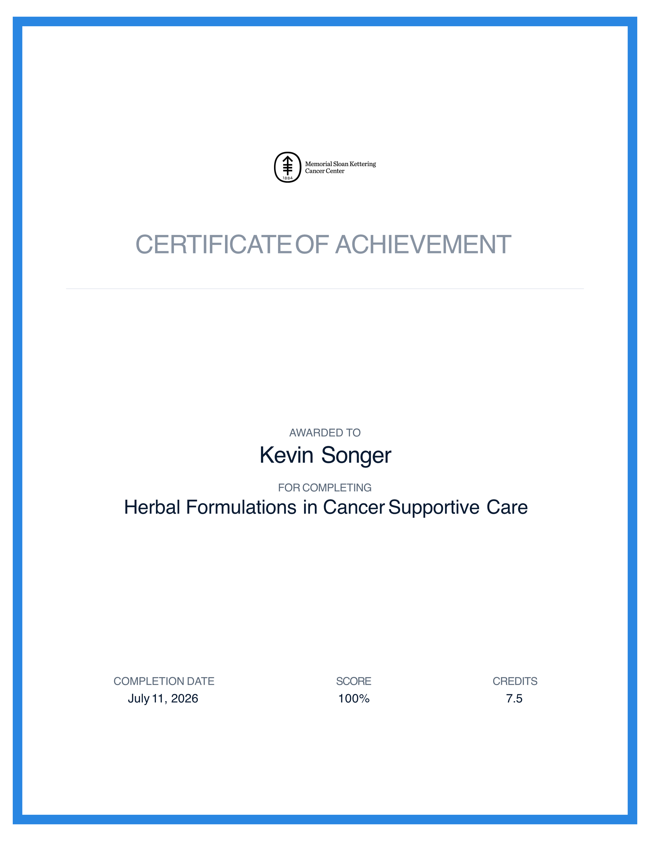 Memorial Sloan Kettering Herbal Formulations in Cancer Supportive Care Certificate