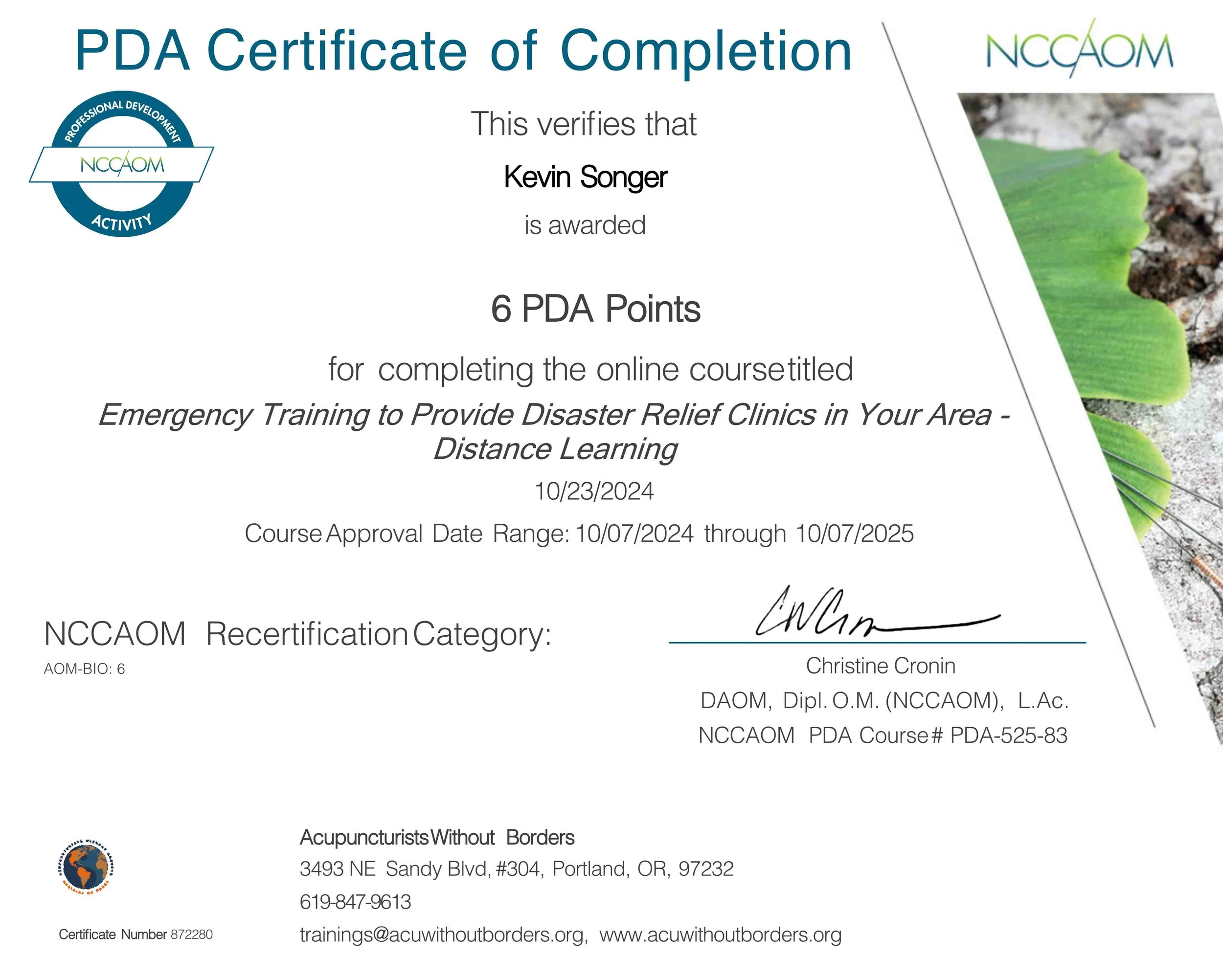 Acupuncture Without Borders Disaster Relief Certificate
