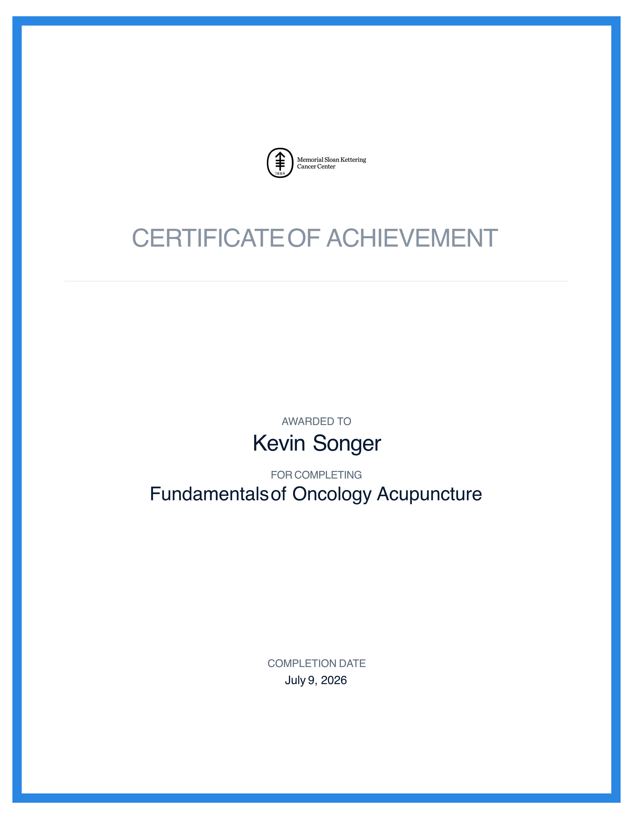 MSKCC Acupuncture for Oncology Certificate
