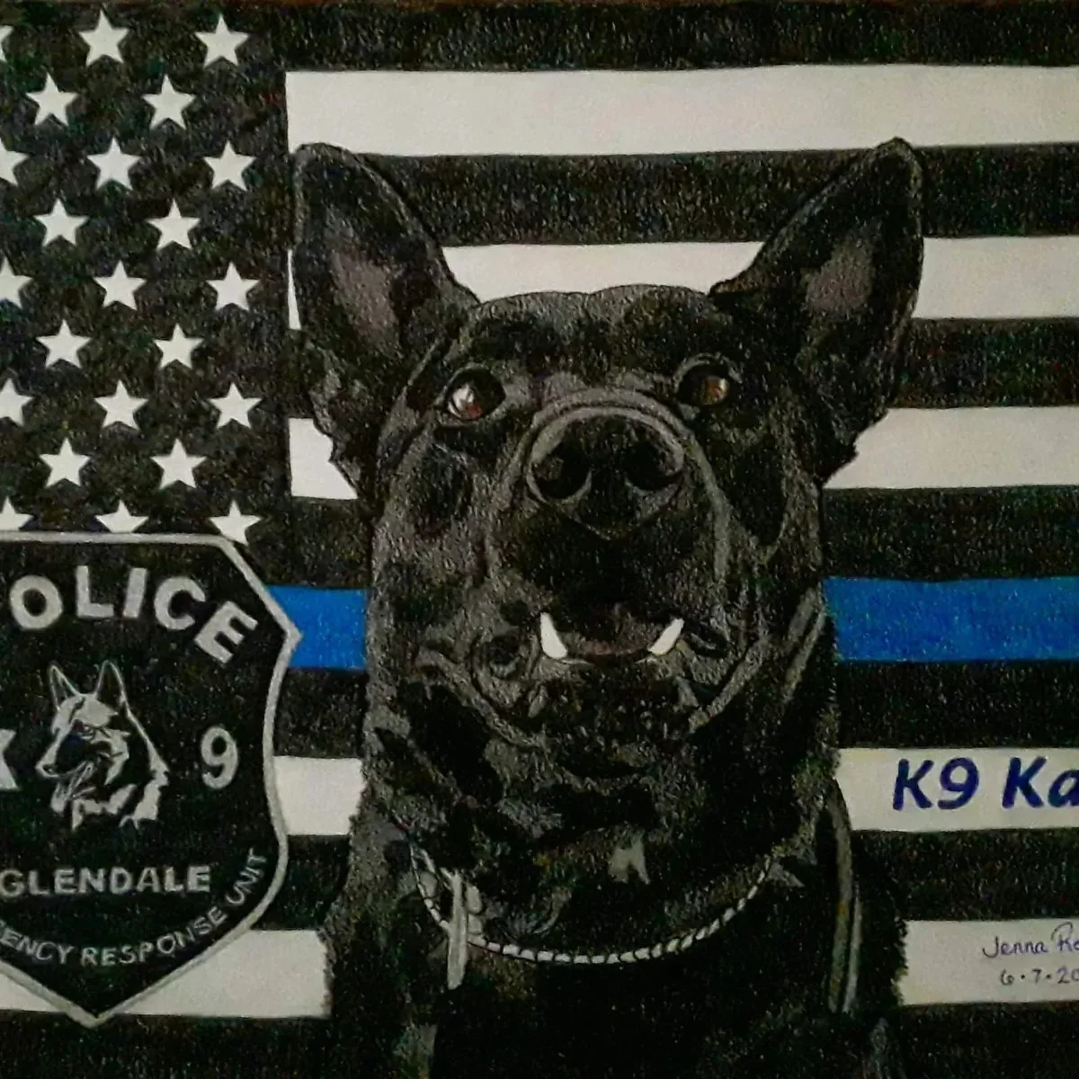 A police badge with a German Shepherd police dog in front of a black and white American flag with a blue stripe and a police badge patch on the left side. The dog is wearing a collar and appears to be part of the Glendale police K9 unit.