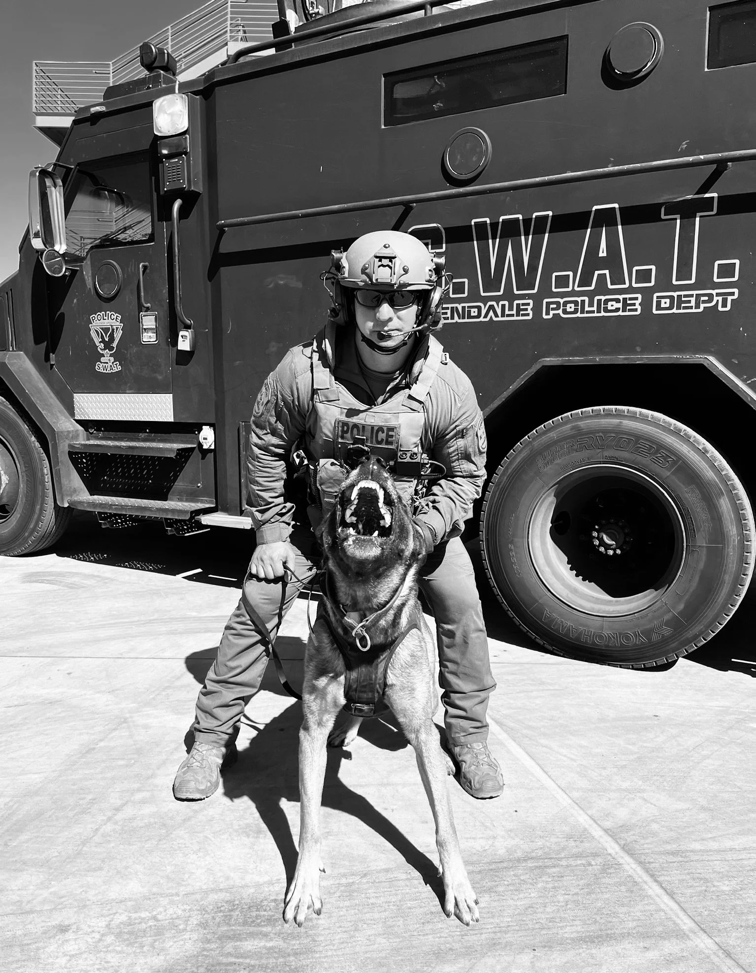A police officer in tactical gear kneels with a German shepherd dog in front of a large police vehicle marked 'S.W.A.T.' in an outdoor area with a building and balcony in the background.