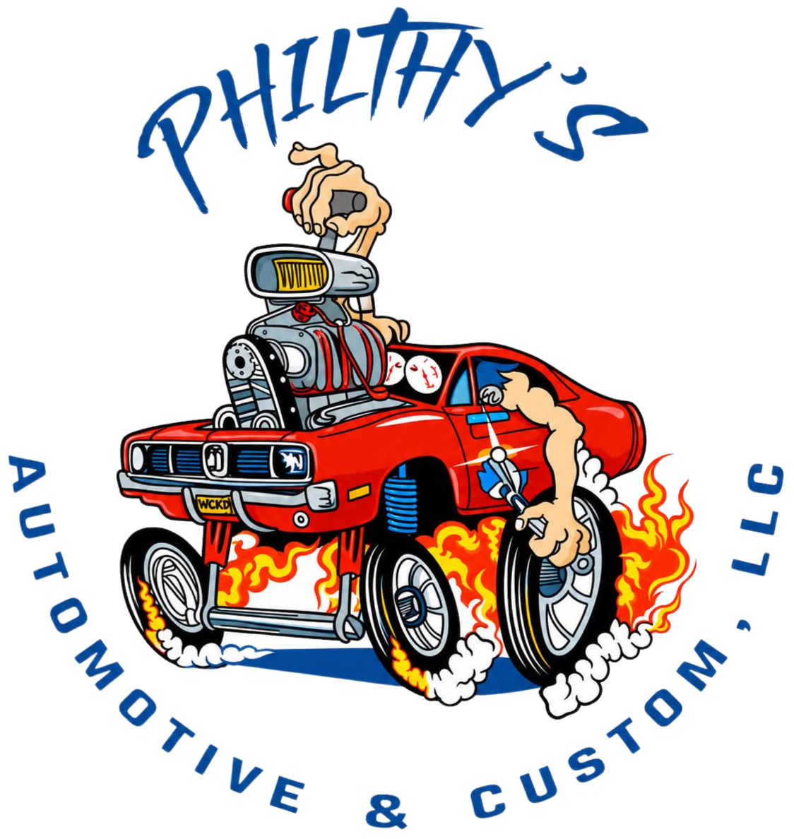 A colorful logo featuring a stylized cartoon muscle car with flames, large engine parts, and a hand holding a remote control. Text around the logo reads 'PHILLY'S AUTO MOTIVE & CUSTOM'.