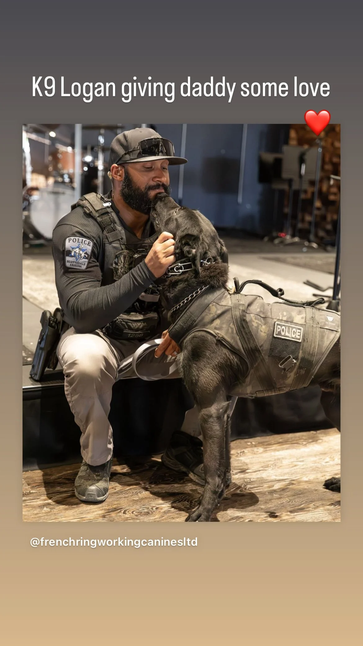Police officer kneeling and hugging a black police dog with a vest, both inside a building or studio with a wooden floor and background equipment. Text overlay: "K9 Logan giving daddy some love" with a red heart emoji.