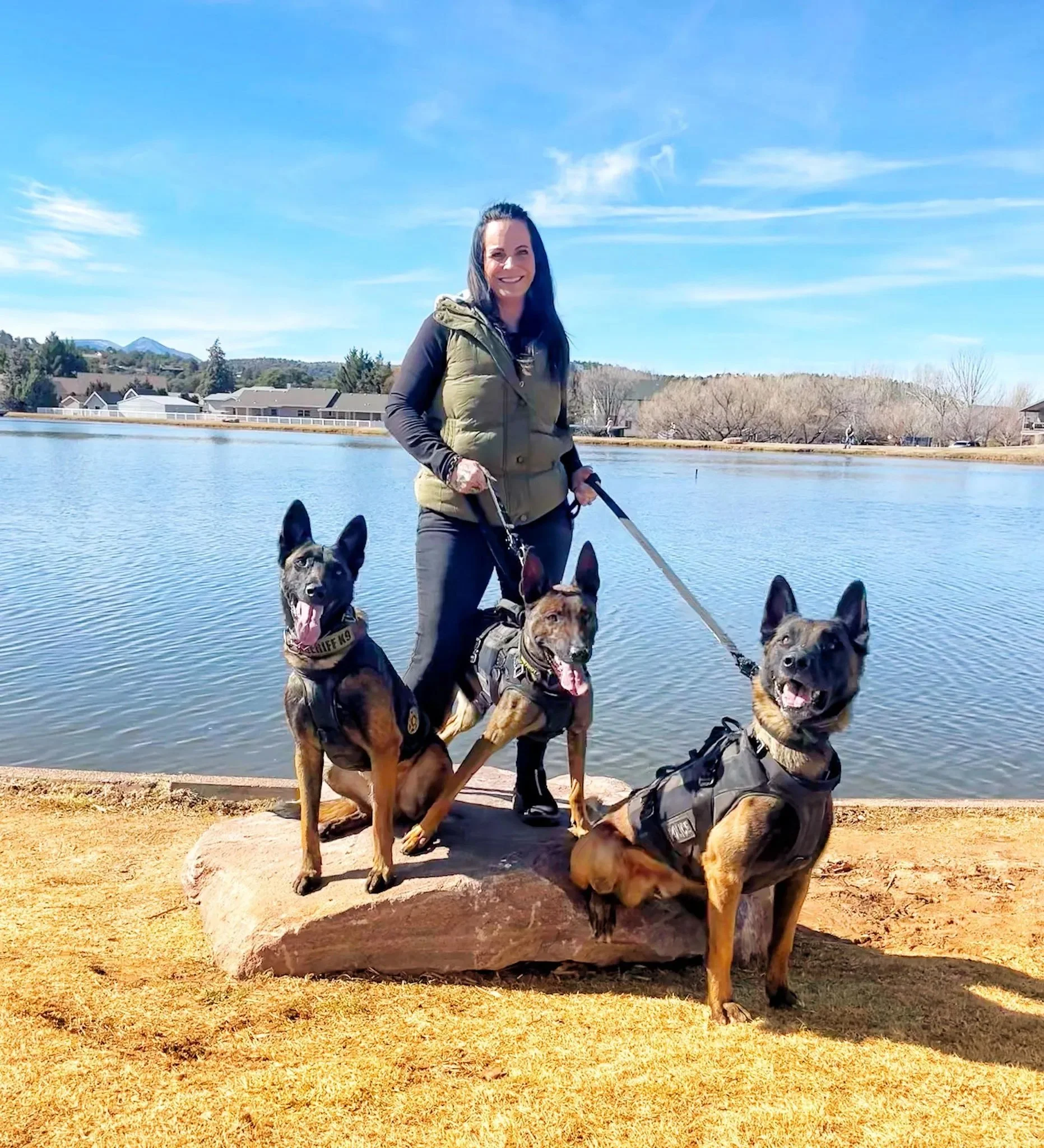 A woman smiling and holding a leash with multiple German Shepherd police dogs sitting in front of her by a lake with houses and distant mountains under a clear blue sky.