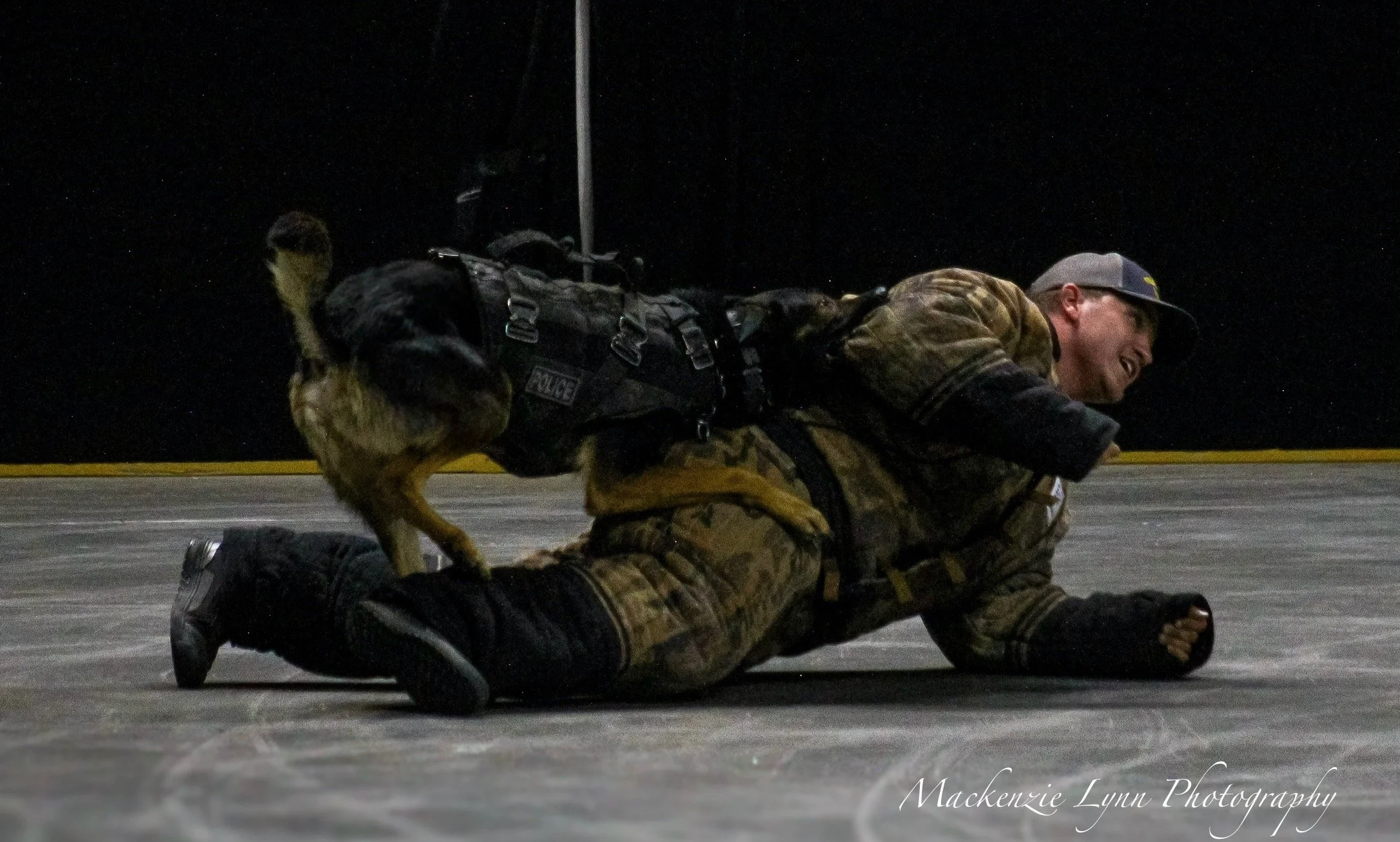 A soldier in camouflage uniform with a police badge on his vest is crawling on a dark, possibly runway or road surface at night. A Belgian Malinois police dog is on his back, biting his jacket. The soldier is smiling, and the scene suggests a trainin