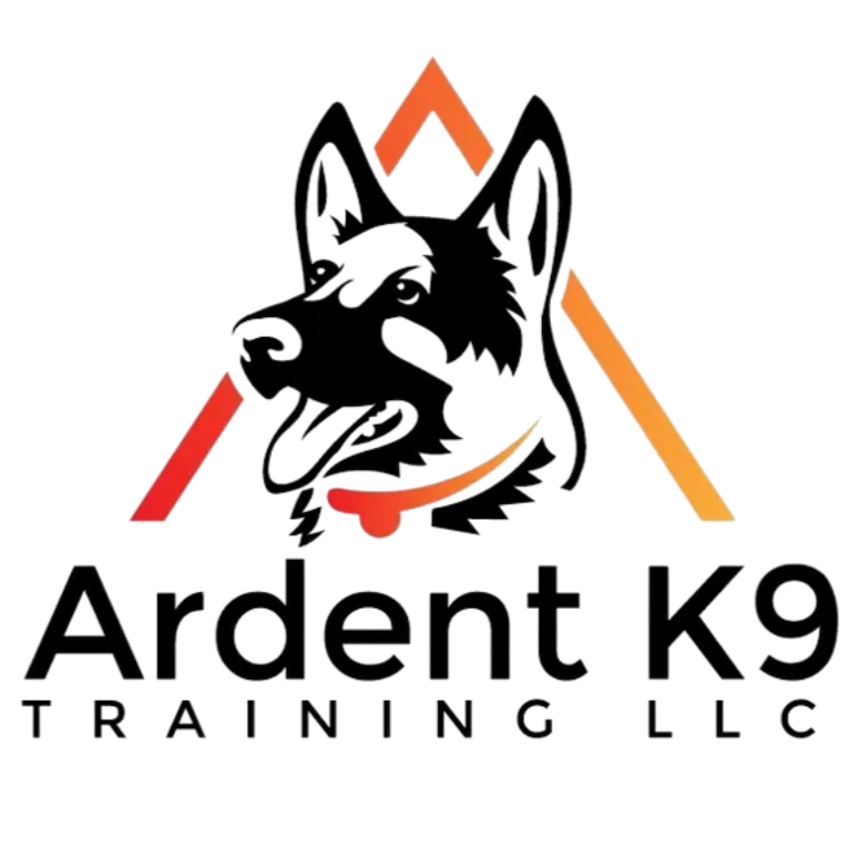 Logo of Ardent K9, featuring a black dog's head with a little cyan tongue, surrounded by colorful geometric shapes and the text 'Ardent K9' beneath it.