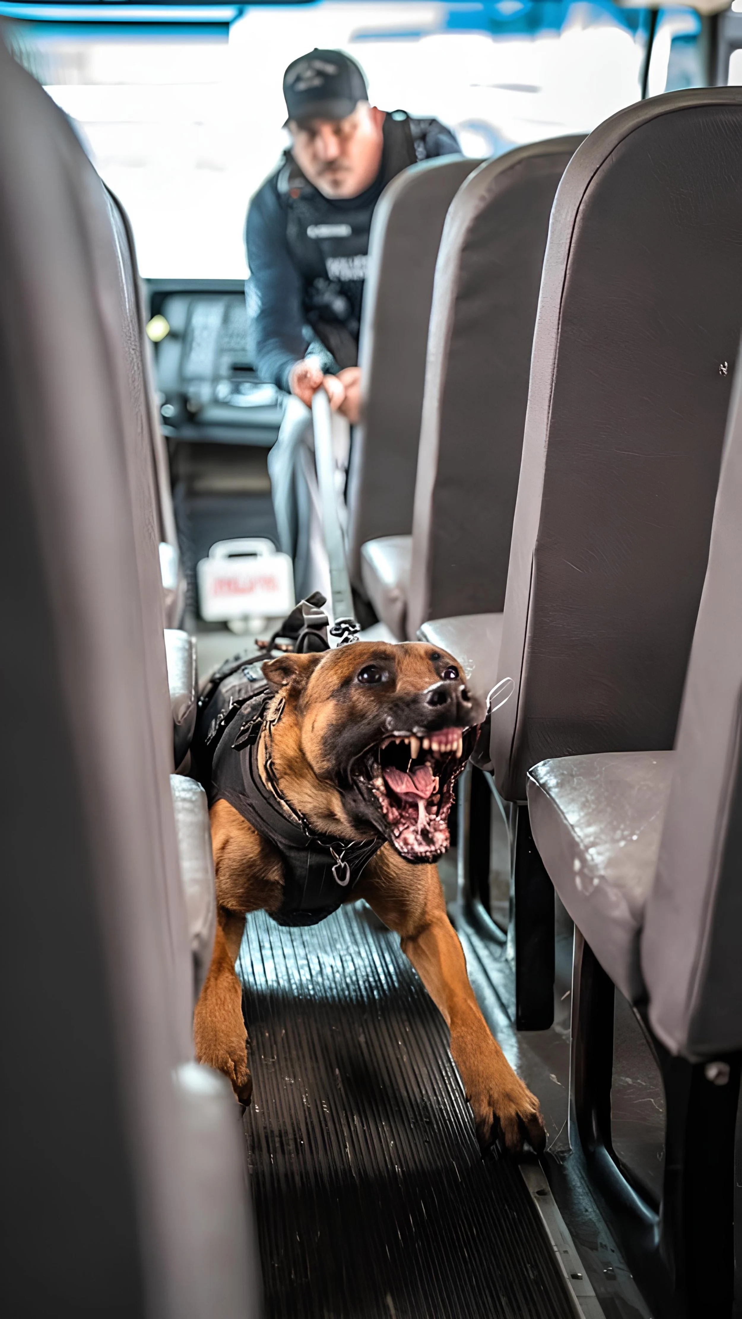 A large, brown and black dog with an open mouth, showing teeth, is sitting on the floor in the aisle of a bus, wearing a harness. A person with blurred features, wearing a black cap and jacket, is leaning over from the front of the bus.
