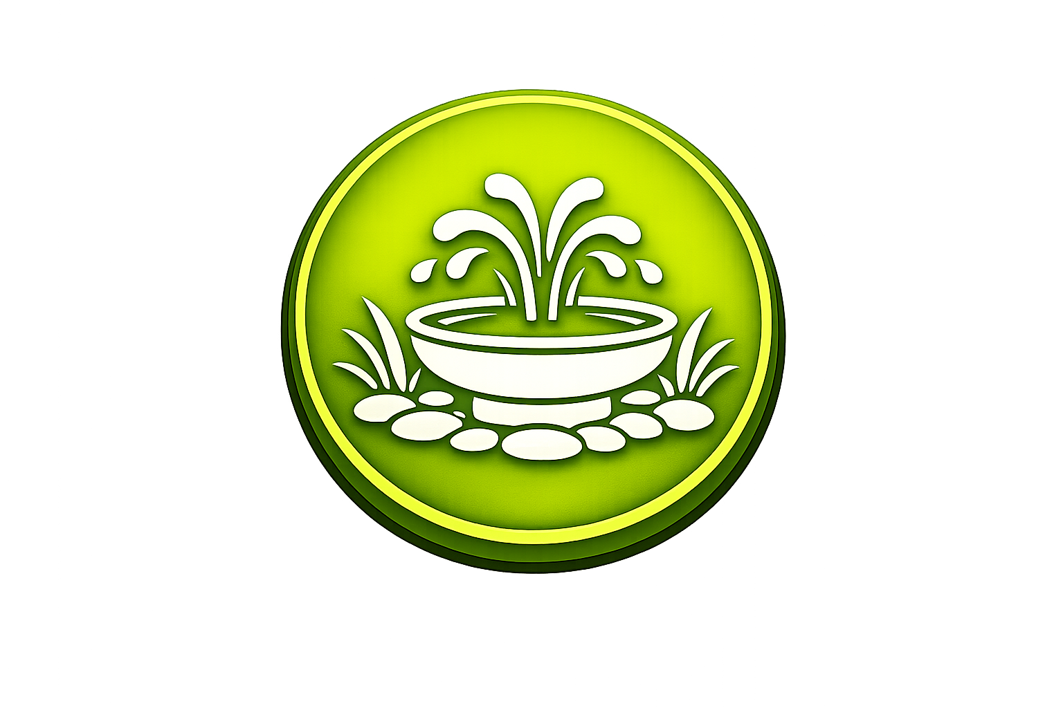 A green circular sign with a white fountain, surrounded by rocks and plants.