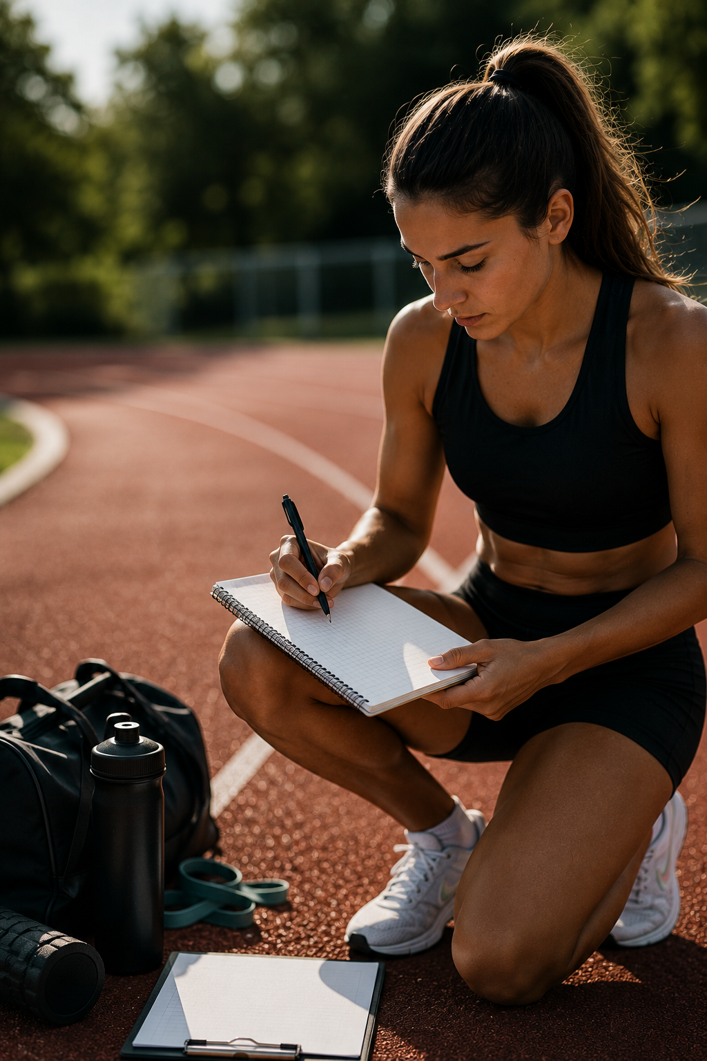 A woman in athletic wear kneels on a running track, writing in a notebook with fitness gear around her.