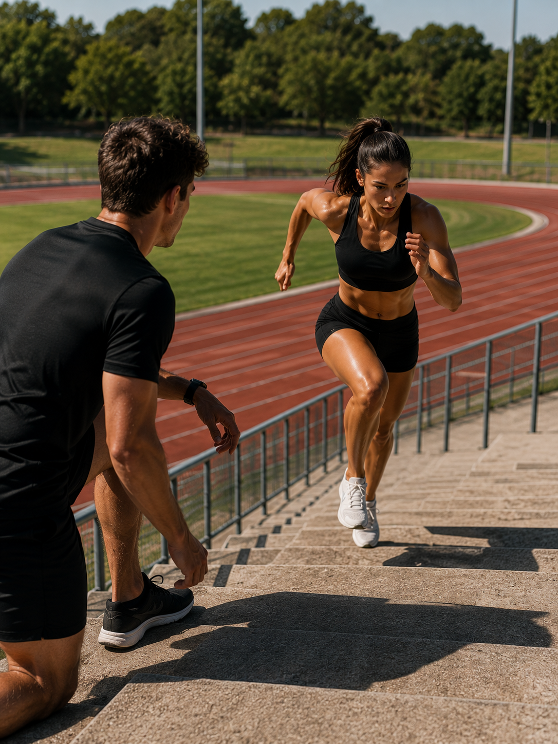 A woman in athletic gear running up outdoor stadium stairs with a man coaching her, on a track field with trees in the background.