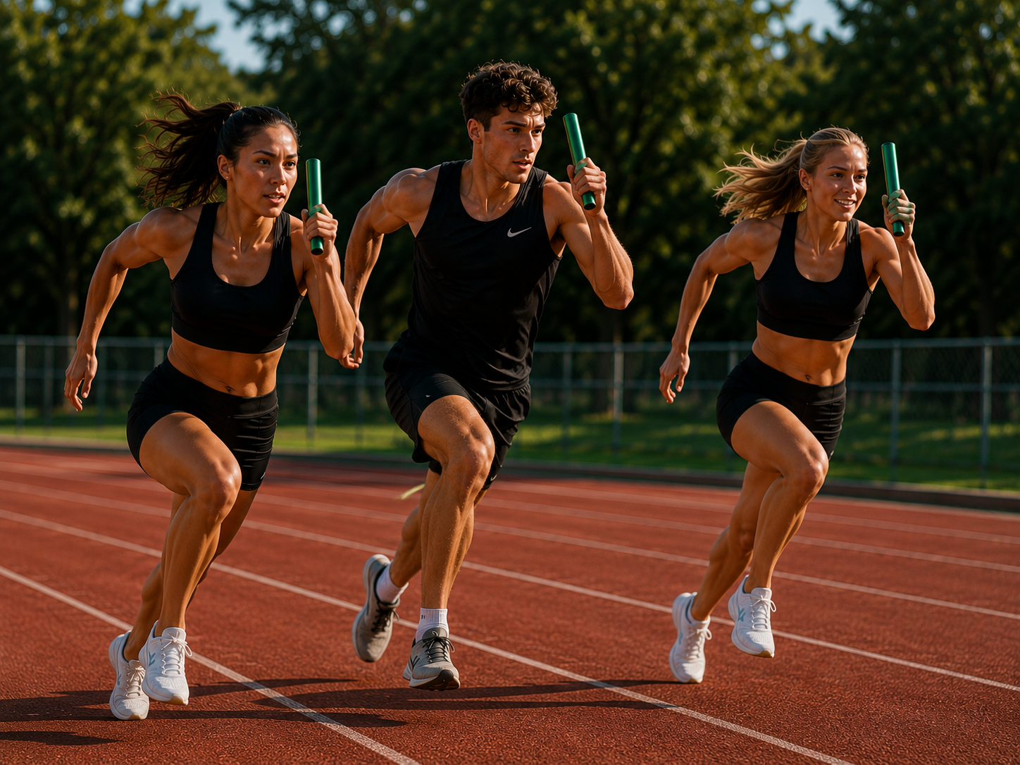 Three athletes running on a track during daylight, two women and one man, all in athletic gear and holding batons, with green trees in the background.