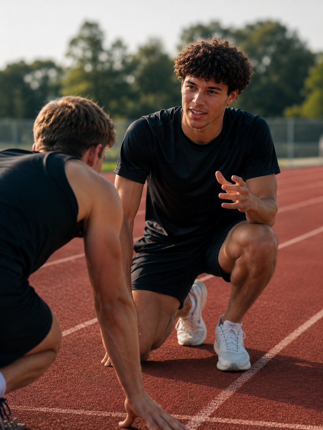 A young male coach or trainer speaking to an athlete on a running track, kneeling down with one knee on the ground and pointing while the athlete listens, wearing black athletic apparel.