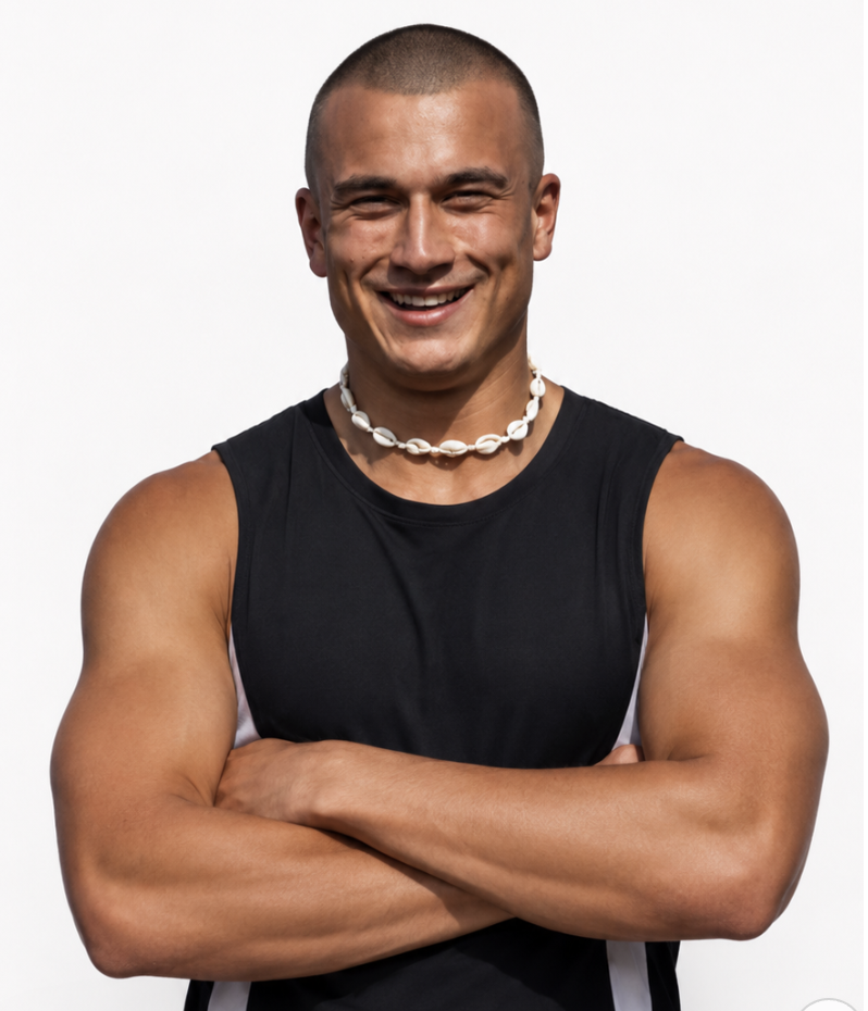 Young man with a shaved head smiling, wearing a black sleeveless shirt and a shell necklace, standing with arms crossed against a plain white background.